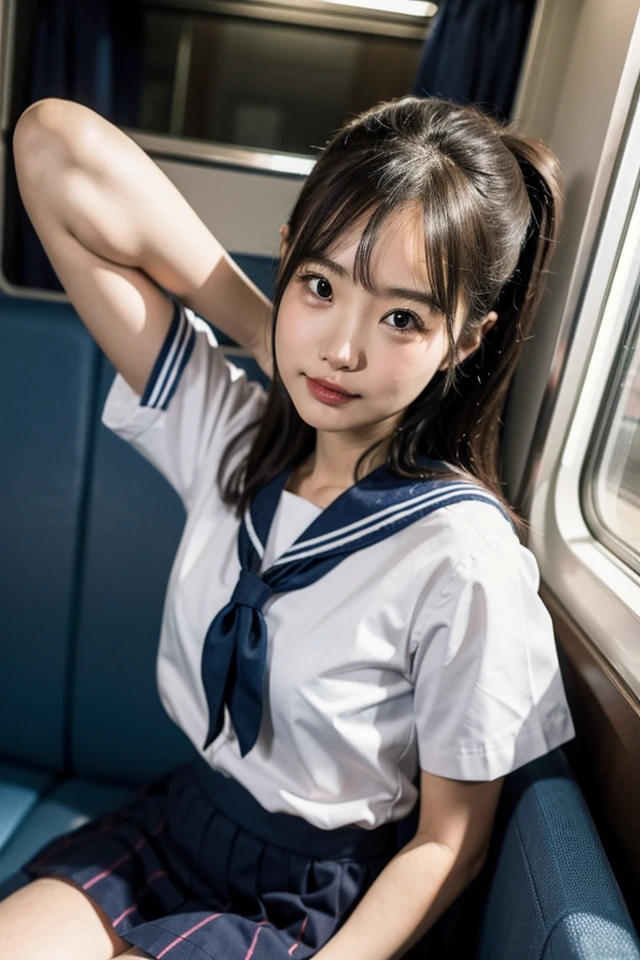 (Best Quality, 8K, 32 k, masutepiece, (english) (english) (english):1.2), (Raw foto), (realisitic), (Photorealistic:1.2), (high resolucion), Ultra-detailed, extremely beautiful face & eyes, 1girll, (Lori, 14 year old:1.2), young female, Innocent face, sad look, thin-waist, tits huge, slim proportions, (Uniform of Japanese sailors, sailor fuku, serafuku, japanese school sailor uniform, striped pleated skirt:1.27), (From below, white thong, groin:1.24), in a classroom, Wearing headphones, seat on the chair, Side view looking out the window, It's raining outside. rainy weather