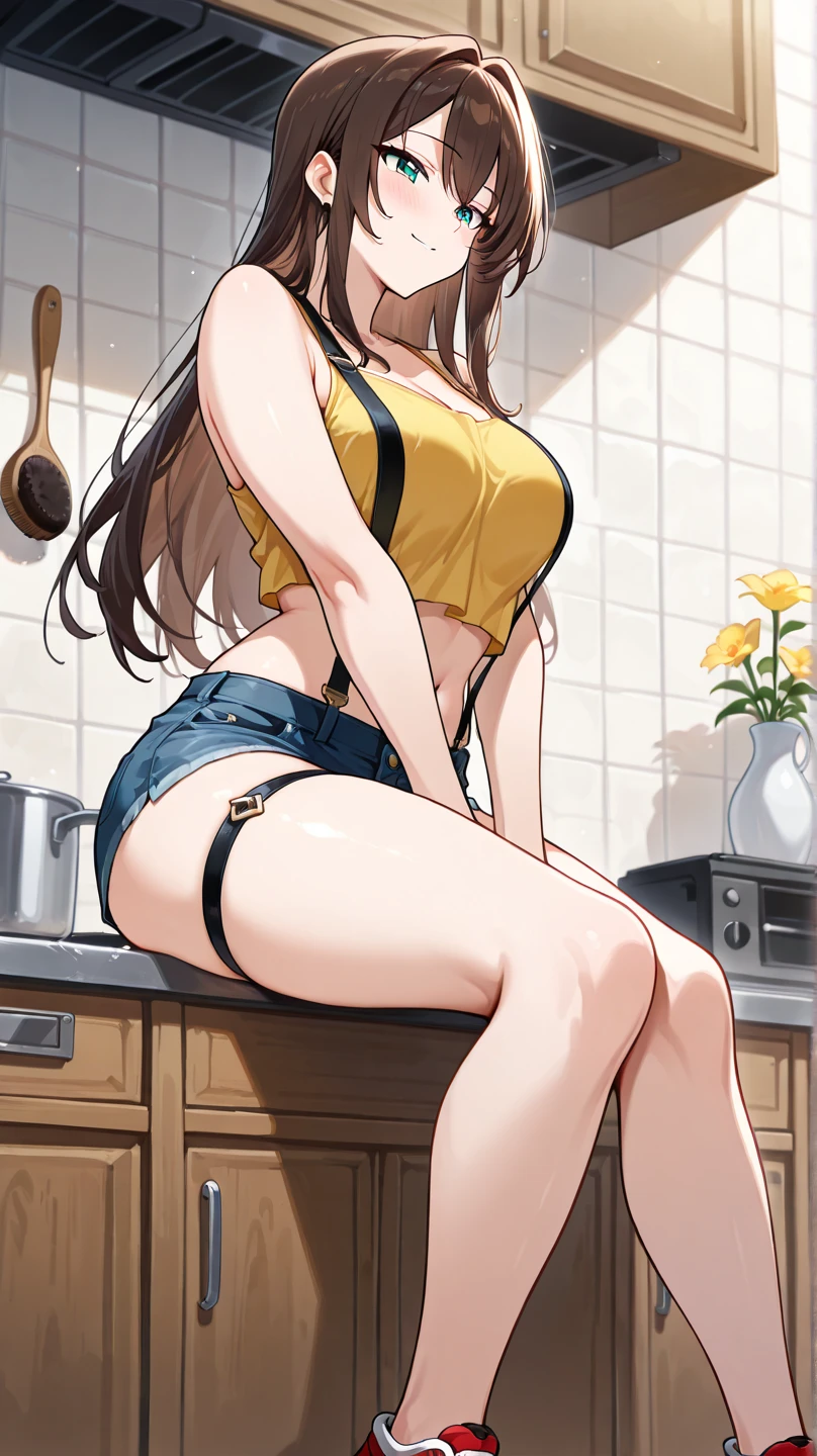 1 meter tall midget , medium breasts, big butt and hips, cintura small, long brown hair, hands on her hair, showing her butt, with legs open, leaning on the kitchen table, She has kitchen tools in her vagina. dwarf woman, small. anime style, Professional photography, professional light and shadow effects, high image quality, naked, Midget, It is 1 meter tall, does not bring clothes, sitting at a table with legs open, sensual way, provocative look, a condom in his mouth.