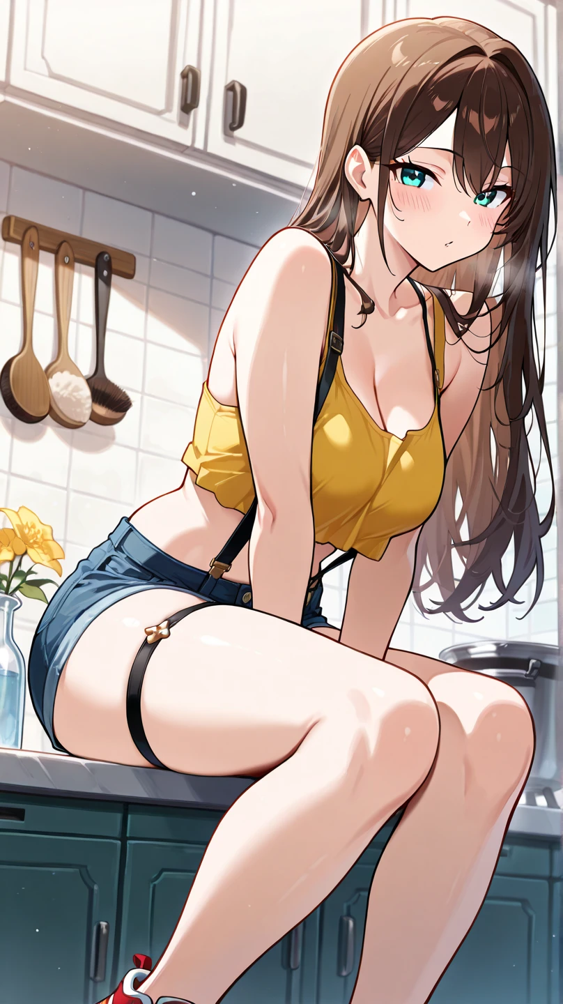 A beautiful adult woman with shoulder-length big breasts, beautiful legs, and a sharp face is wearing a black navel-baring tube top and black panty-like hot pants, with her butt facing me from behind, in a supermarket. standing。