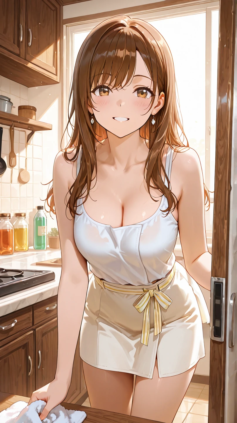 Shooting in the kitchen,Show the whole body,Miku Nakano, Miku Nakano Chick III, Long Hair, Bangs, Blue eyes, Brown hair, Hair between the eyes,Big Breasts,Cleavage,,Big Breasts,Cleavage,Naked Apron