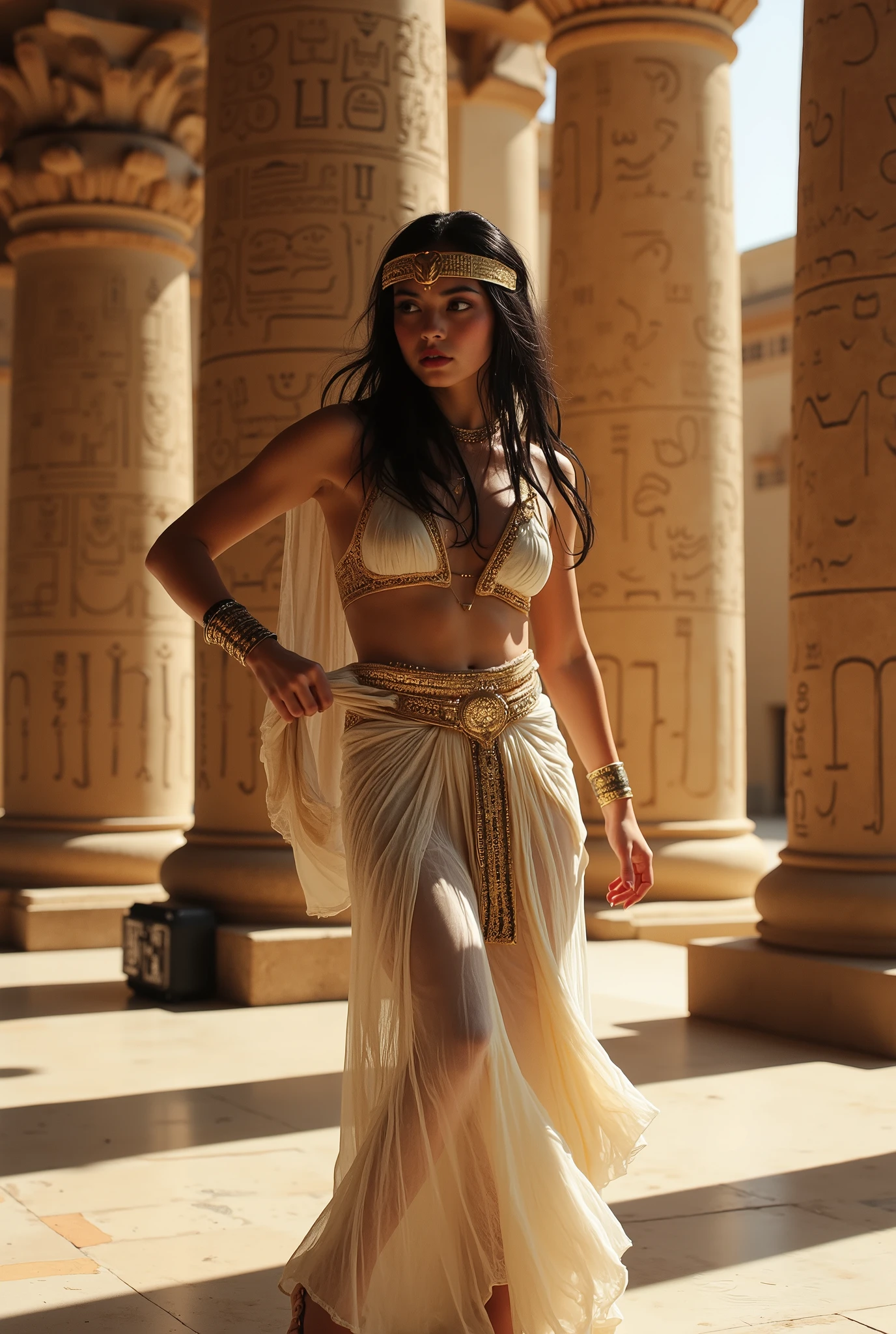 , she has a reddish tan skin tone, but not black, dressed in stylish Egyptian clothes, However, Regias, performs a modern TikTok dance, She is captured in the middle of the movement. there is a smartphone and the ring of light mounted on a support in front of her, recording her performance. The background shows an opulent ancient Egyptian palace, with imposing columns , artefatos dourados, and intricate hieroglyphics, blending history with contemporary social media culture. The mix of modern technology and historic surroundings creates a striking contrast. outside, cinematic, delicado, very aesthetic, No additional fingers .