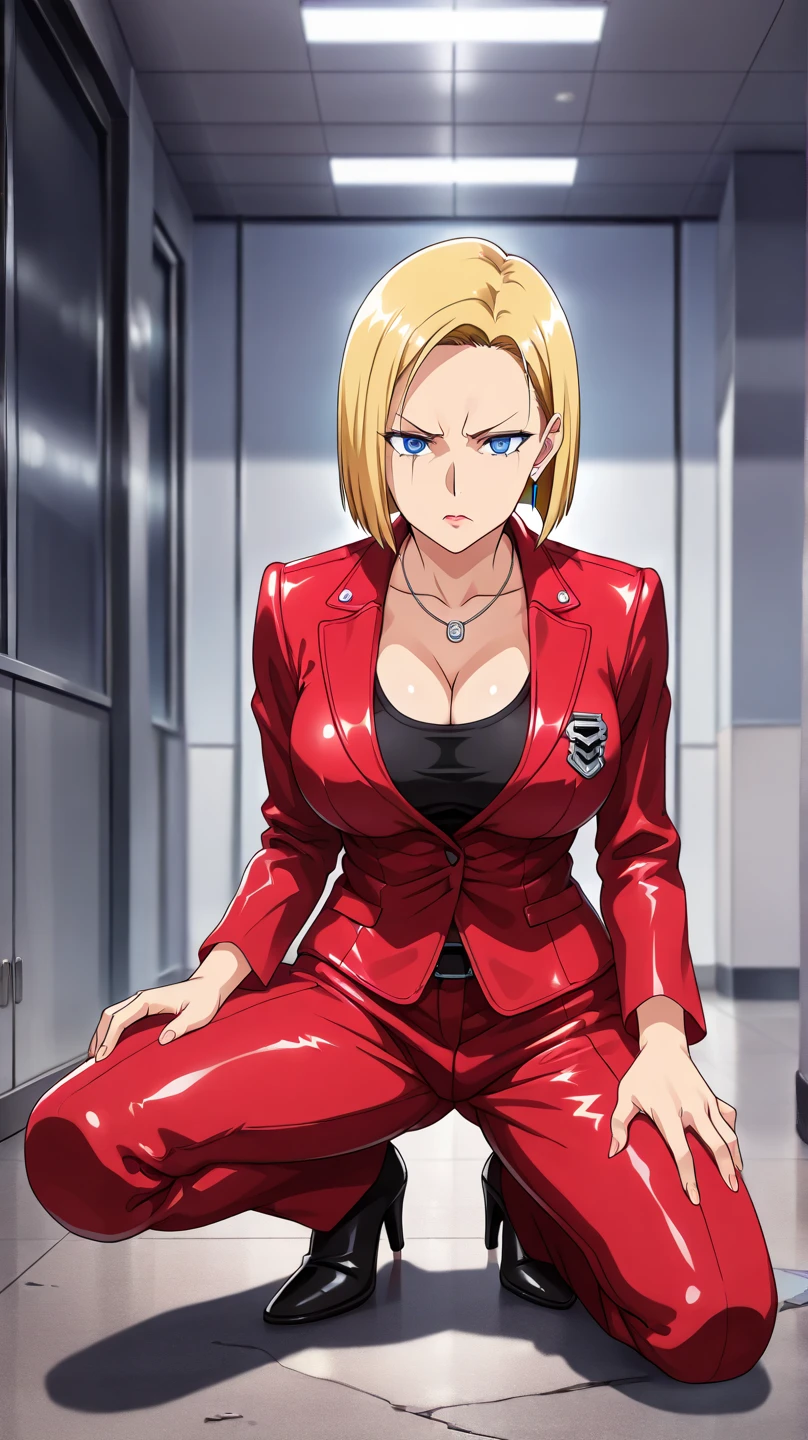 profile view, kneeling pose, squatting position, one knee up, head lowered, arms relaxed, back curved, futuristic arrival pose, one knee on the ground, other knee raised, one hand touching the ground, other hand on thigh, head slightly lowered, jewelry, jacket, pants, necklace, formal, suit, terminator 3, HD, silver necklace, Tight breasts,unbuttoned red jacket,white premium GUESS t-shirt undershirt,red bell-bottoms trousers,red flares trousers, black heels boots, medium sleek straight angled bob cut hairstyle, blonde hair, score_9, score_8_up, score_7_up, source_anime,Aimom,1girl,Aimom, (masterpiece, best quality), T-XSDXL, ((solo)), ((1girl)), cleavage, terminator 3, sexy, HD, perfect body, aimom, blue eyes, sharp expression, detailed face, clean skin, blue eyes, (Large eyes), beautiful face, seductive, presumptuous, lewd expression, evil possessive, sexy evil satisfaction, perfect terminatrix, Natural body shape, (Natural size breasts), no rope, clean body, intimidating expression, ((beautiful anime woman)), ((solo)), ((no split frame)), anime style shading, flat colors, cell shading, sharp line art, 