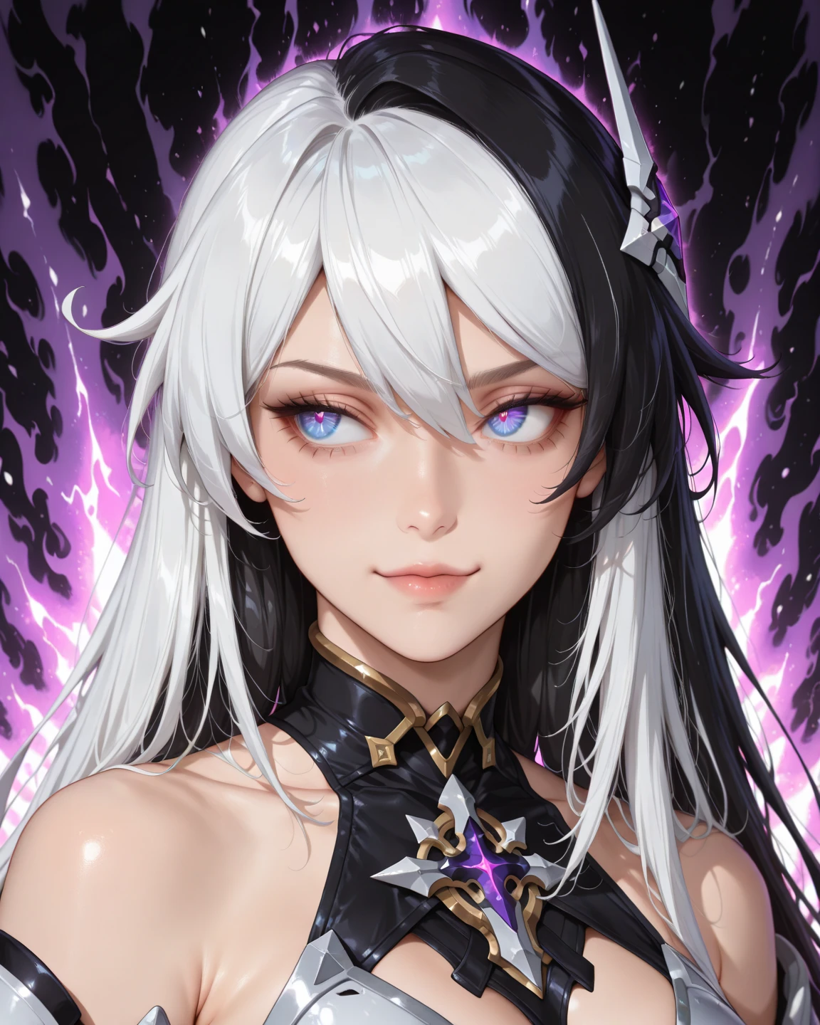 Young girl, long white hair, high ponytail, purple eyes, purple princess dress, evil look, masterpiece, high quality