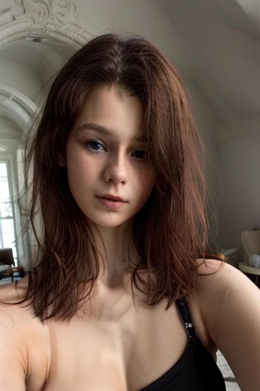 ((Age18+ Irish female, pale skin, small breasts, runners body, some small freckles, imperfect skin, wavy hair)(HQ)(photorealistic)) taking a selfie (black hair)