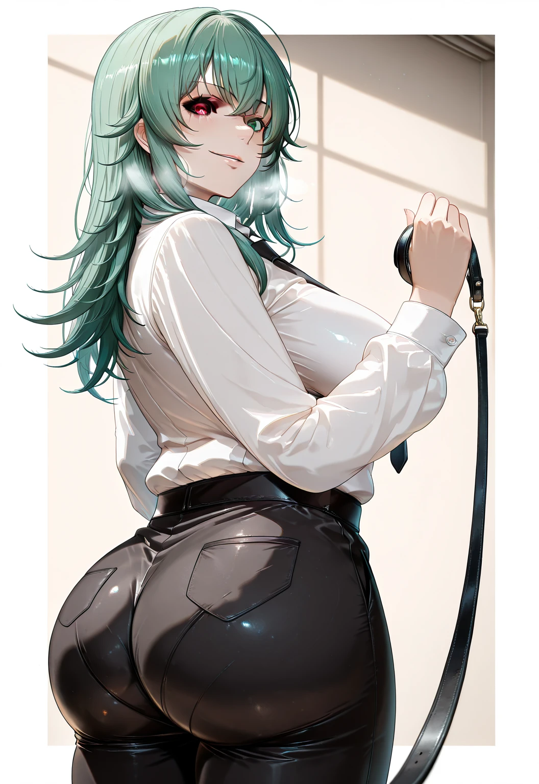 1woman, showing her butt, grabbing her butt, 5 meters tall, light skin, tight pants, green hair, big thighs, big butt, good figure, looking at viewer, naughty look, big breasts