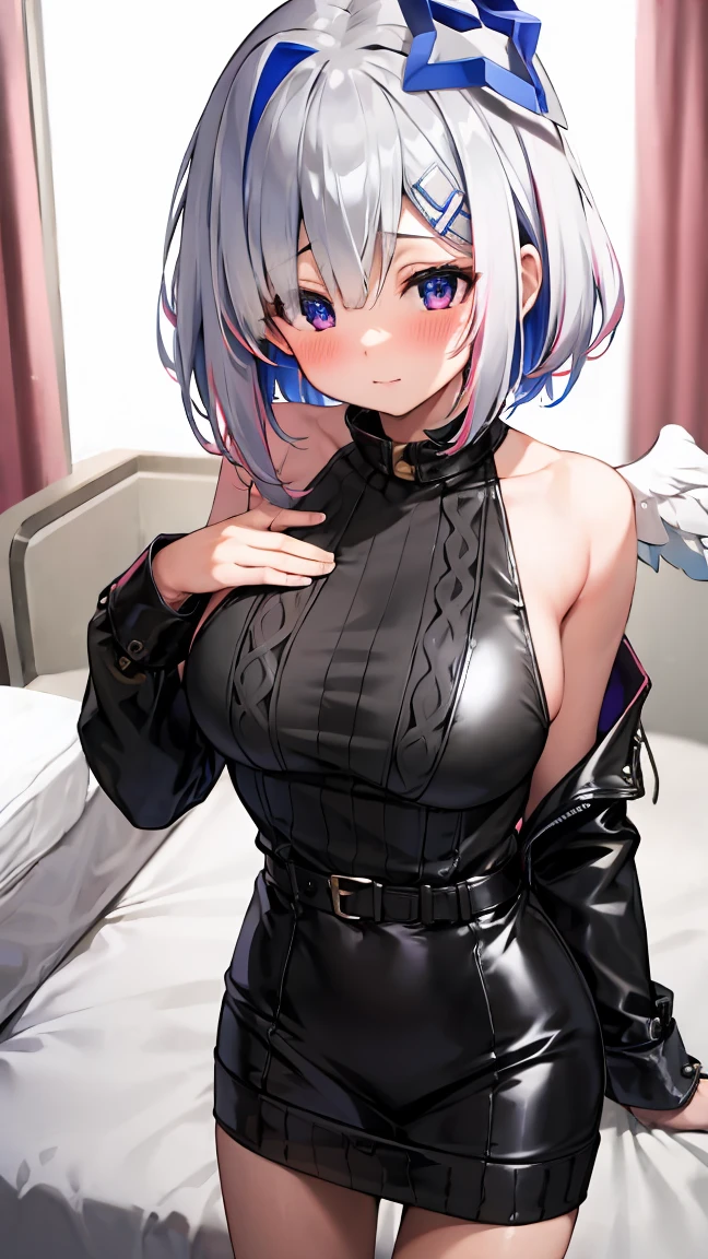 ((clergyman:1.5)), Anatomically correct body, very detailed face and eyes, ((Kyoto Animation Style)), super precision, masterpiece, very extremely beautiful, Princess Face, ((1 Japan Girl)), ((Solo:1.5)), ((Large round lens goggles on the top of the head:1.5)), ((Big white animal ears:1.5)), ((Wear a bright blue scarf around your neck:1.5)), Big eyes, ((Silver hair:1.5)), ((Blue eyes)), ((bob cuts)), ((medium breasts)), Faint lips, Professional Lighting, (20 years old), Narrow waist, Shiny skin, Oiled skin, glistning skin, cowboy shot, Looking at Viewer, Dynamic Pose, ssmile, ((London:1.5)), (Inside the city:1.5), angry, (Dutch Angle), frombelow, ((A smile)), ((Walk:1.5)), ((interview)), BREAK, ((Taimanin suit:1.5)), ((Priest's clothing:1.5)), ((The costume is black:1.5)),