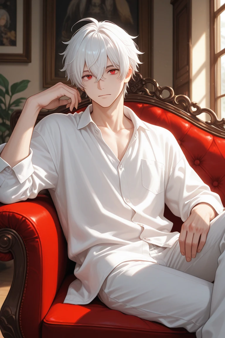 In a modern living room flooded with natural light from open curtains, a young man reclines lazily on a plush sofa. His distinctive features include white hair and piercing yellow eyes. He wears a pristine white shirt paired with comfortable jogging pants, his slim frame relaxed as he scratches his head with bothered look
The scene is a masterpiece of meticulous detail and top-quality animation, emphasizing the male character's relaxed demeanor and expressive eyes. The modern decor of the room, with its carefully selected furnishings and contemporary design elements, enhances the overall ambiance of the setting.