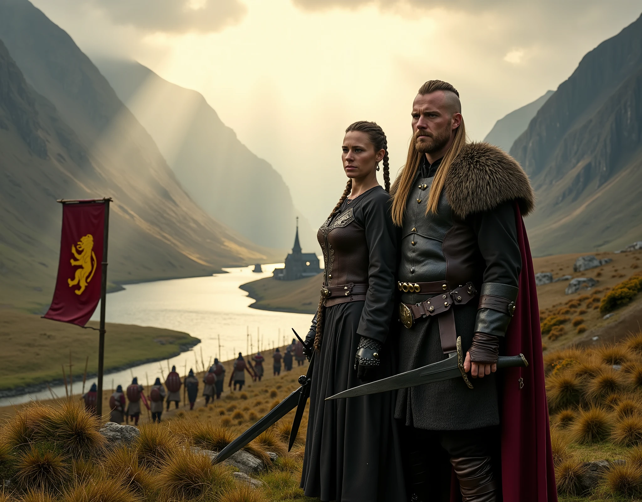 Steep and dramatic mountains are towering in the background and are slightly obfuscated by low clouds as dawn breaks and sunrays pierce through the cloud cover. A stream snakes its way down the fjord valley, revealing an ornate stave-church on the far riverbed. In the foreground stands King Ragnar Lothbrok and Queen Lagertha in regal Viking attires, defiant expressions upon their faces, draped with wolf fur tippets and Viking-style royal jewellery. King Ragnar rests his ornate sword upon his shoulder, while Lagertha has her weapon sheathed. They both have long braided hair, the sides of their heads are shaved. An orderly band of Viking soldiers march from the distant Longhouse alongside the river, carrying a regal red banner with a gold lion embroidered on it, each Viking soldier is equipped with a ceremonial Viking round shield and long spear. Shot on a Sony A7R IV with 50mm lens, professional DSLR, 8k resolution, HDR, noise reduction, soft cinematic lighting.