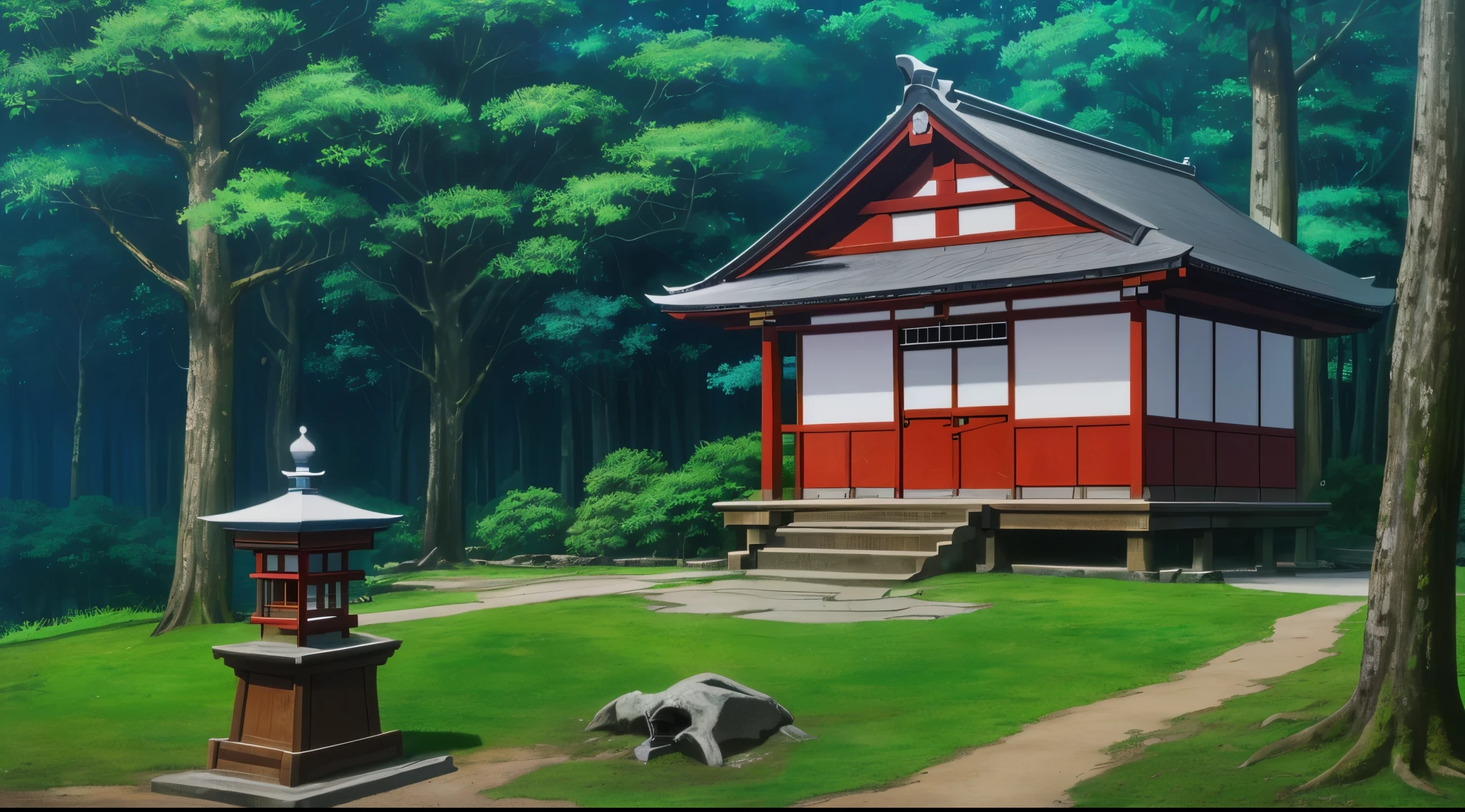 (Drawn in 80’s anime art style.
Retro anime. Vintage Anime. Classical Anime.
Location: Higurashi Shrine
Traditional Japanese Shinto shrine on a quiet hill in modern Tokyo, surrounded by tall cedar trees. Stone steps lead up to wooden buildings with curved rooftops and white paper streamers. A large sacred tree (Goshinboku) stands nearby with an ancient scar in its bark. A small wooden shed houses an old moss-covered well (Bone-Eater’s Well). The setting is peaceful, spiritual, and slightly mystical, blending natural beauty with subtle supernatural energy.