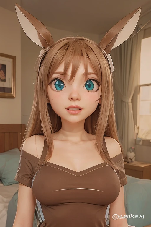 3d,A female anthro eevee, brown long hair, cute face, fangs, nude, pussy, moaning, a male furry with erected dick, size differences, pussy penetration, leaning forward, aahh, first person view