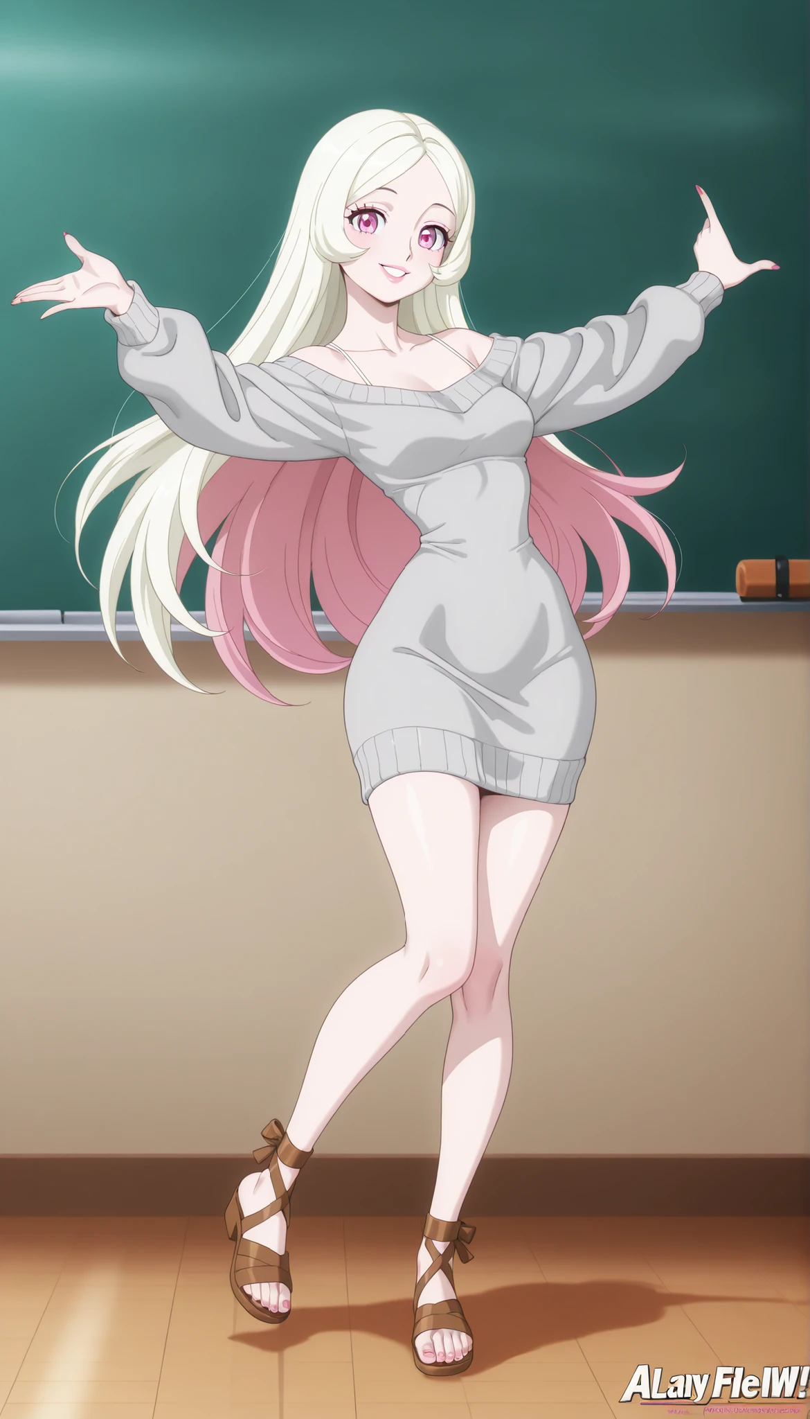 A mature extremely beautiful woman with straight long blond hair, extremely fair white natural skin, big pink eyes, red plump glossy lips, a small waist, medium small-sized breasts, and a perfect slim yet curvy body. She's only wearing an ankle-length long tight grey dress with spaghetti straps, a long ankle-length front-open baggy white fur sweater worn over the shoulders, and brown sandals. She's in a classroom, playfully dancing, smiling happily. Show her full body and super hyper-detailed.