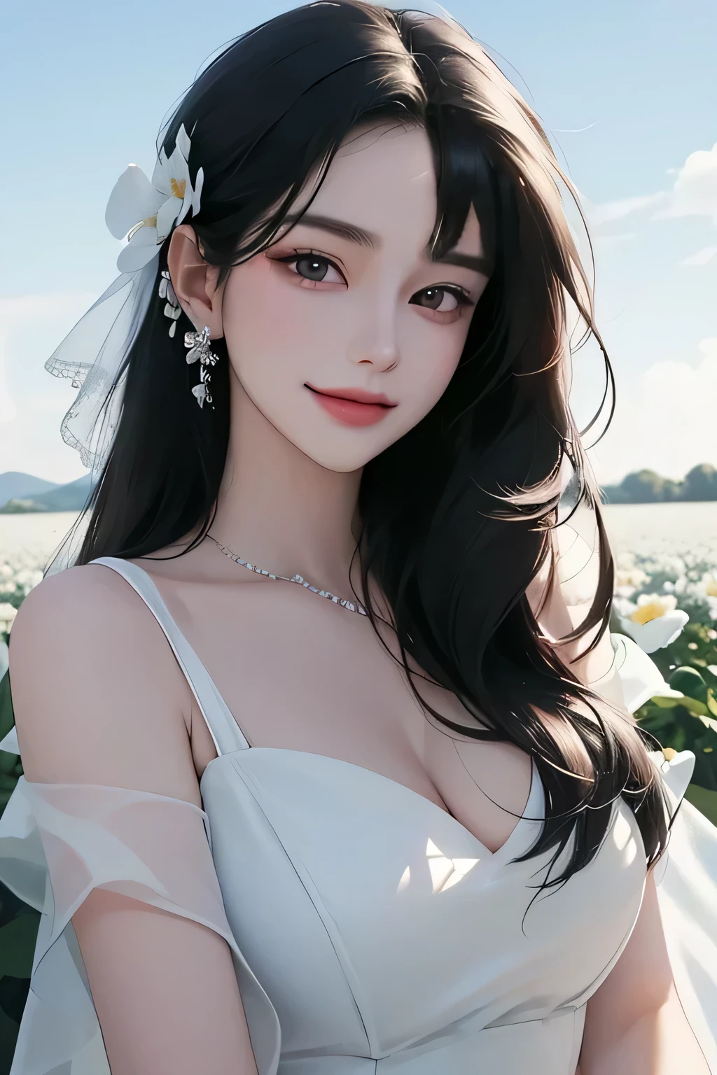 best quality、tmasterpiece、ultra high resolution、actual、1 girl、Glossy skin、((Surreal detailed))、Global photo、8K、Highly complex details、shinning eyes、Black straight hair、highkey、pureerosfaceace_v1、A smile、Elegant pose、plump breasts、White ultra-thin transparent lace、Lots of flowers in the background