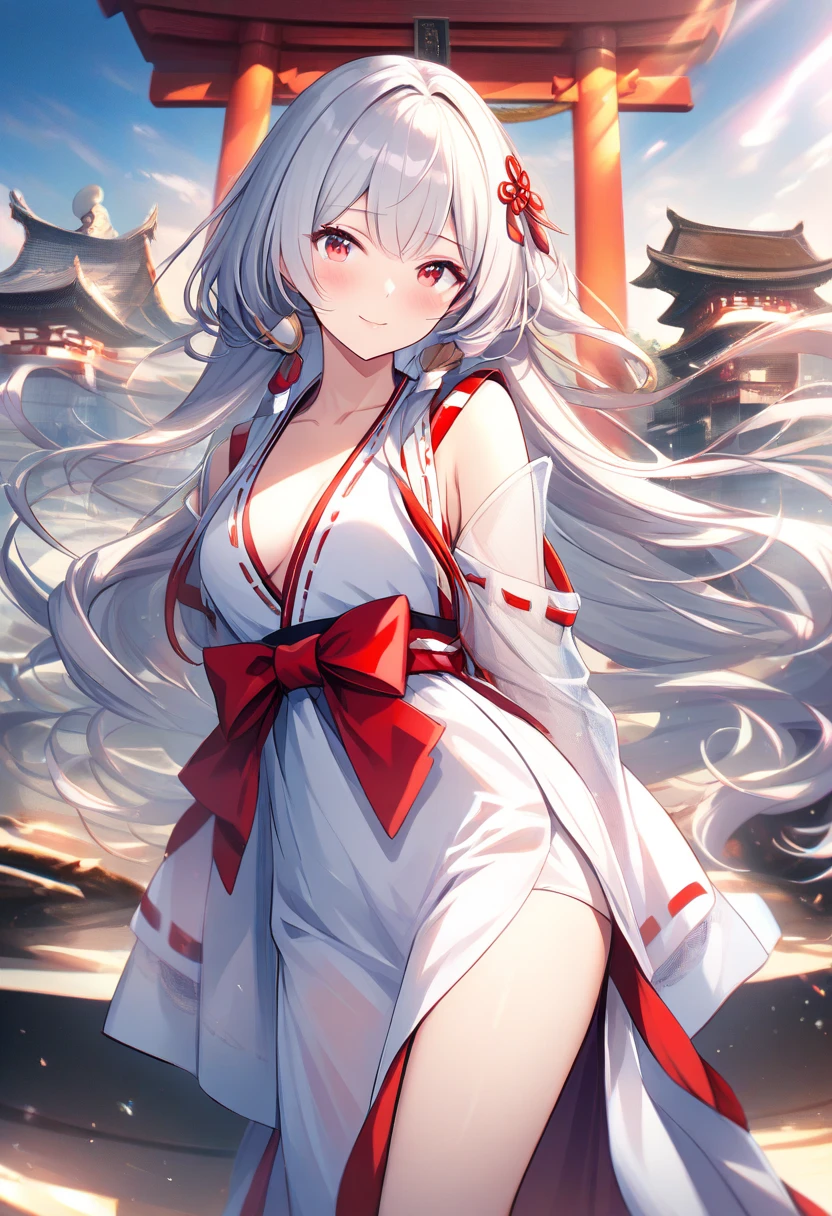 long hair, large breasts, gray hair, blue eyes, red
eyes, purple eyes,panties, japanese clothes, white thighhighs, zettai ryouiki,miko, red headband,firefly (honkai star rail), headband, hair ornament,