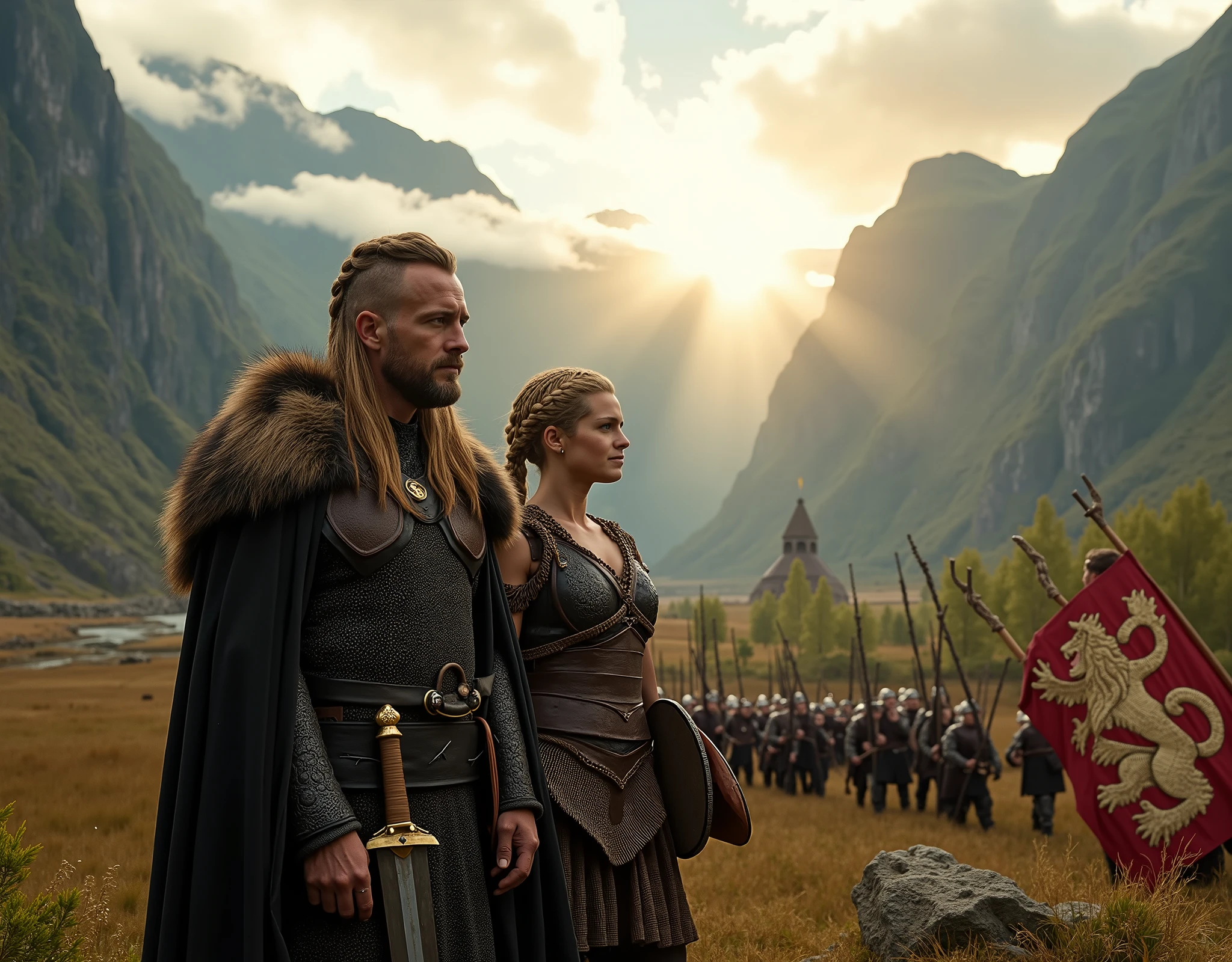 Steep and dramatic mountains are towering in the background and are slightly obfuscated by low clouds as dawn breaks and sunrays pierce through the cloud cover. A stream snakes its way down the fjord valley, revealing an ornate stave-church on the far riverbed. In the foreground stands King Ragnar Lothbrok and Queen Lagertha in regal Viking attires, defiant expressions upon their faces, draped with wolf fur tippets and Viking-style royal jewellery. King Ragnar rests his ornate sword upon his shoulder, while Lagertha has her weapon sheathed. They both have long braided hair, the sides of their heads are shaved. An orderly band of Viking soldiers march from the distant Longhouse alongside the river, carrying a regal red banner with a gold lion embroidered on it, each Viking soldier is equipped with a ceremonial Viking round shield and long spear. Shot on a Sony A7R IV with 50mm lens, professional DSLR, 8k resolution, HDR, noise reduction, soft cinematic lighting.