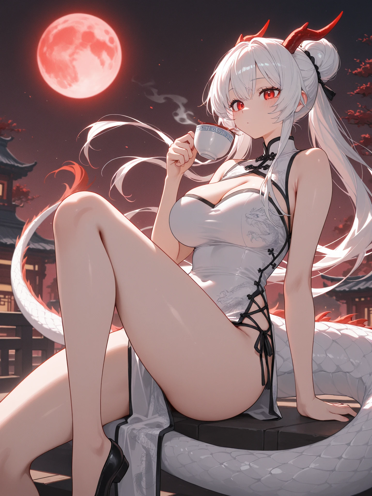 1girl, aegir \(azur lane\), azur lane \\\\\ masterpiece, best quality, very aesthetic, absurdres, newest \\\\\\ sportive body, \\\\\\ by nyantcha,,by cutesexyrobutts,by khyle ///// white hair with a single prominent red streak, black horns, yellow eyes, ,nude,naked, ,big tits, onsen, outdoors, sunset, sun, steam, lying on stomach