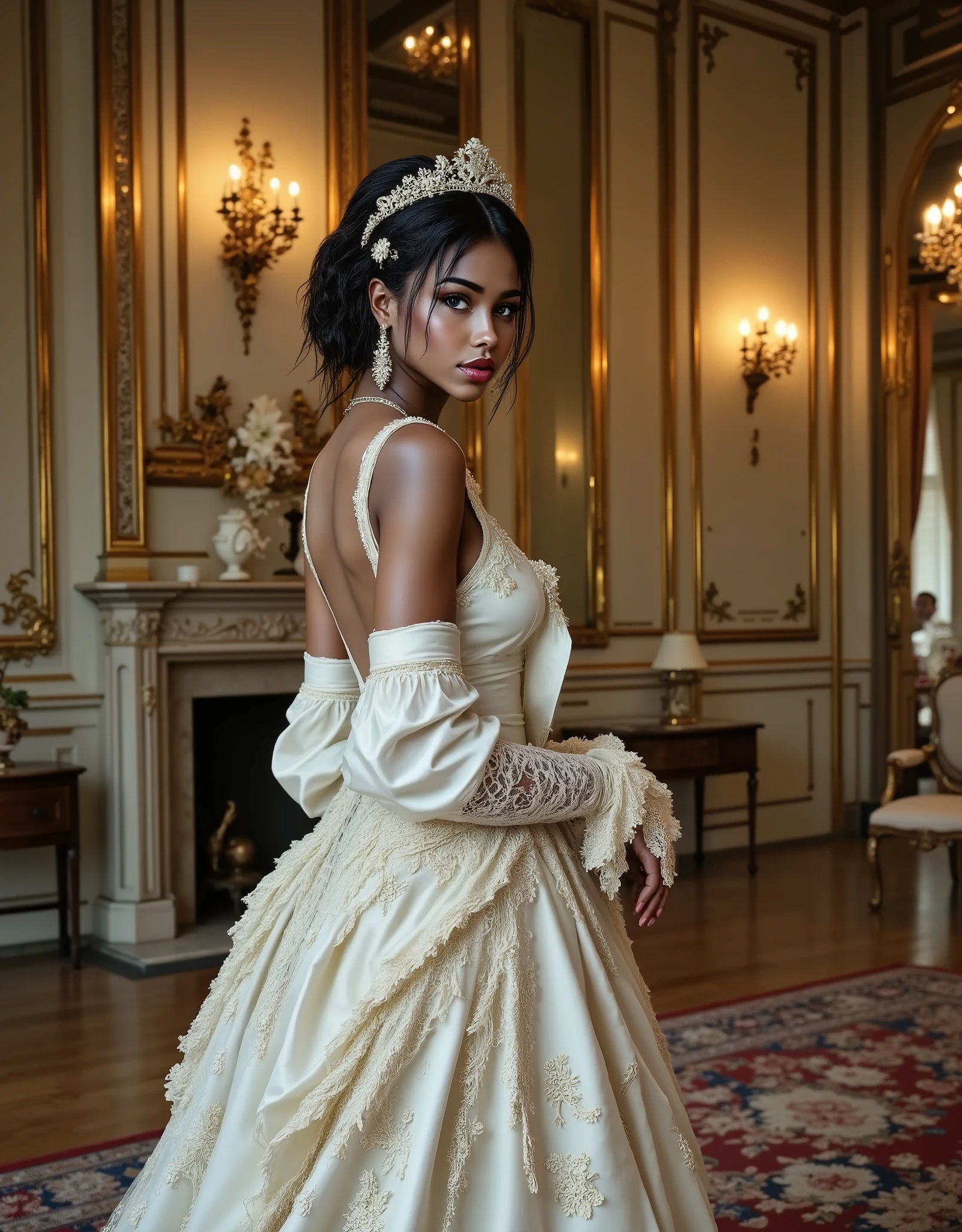 Jyla West, a bi-racial woman in Victorian Era, white dress, palace, duchess, light make up, conservative