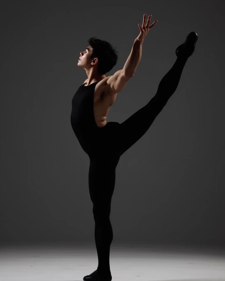 Asian,male,Muscular,ballet,Black unitard,White background