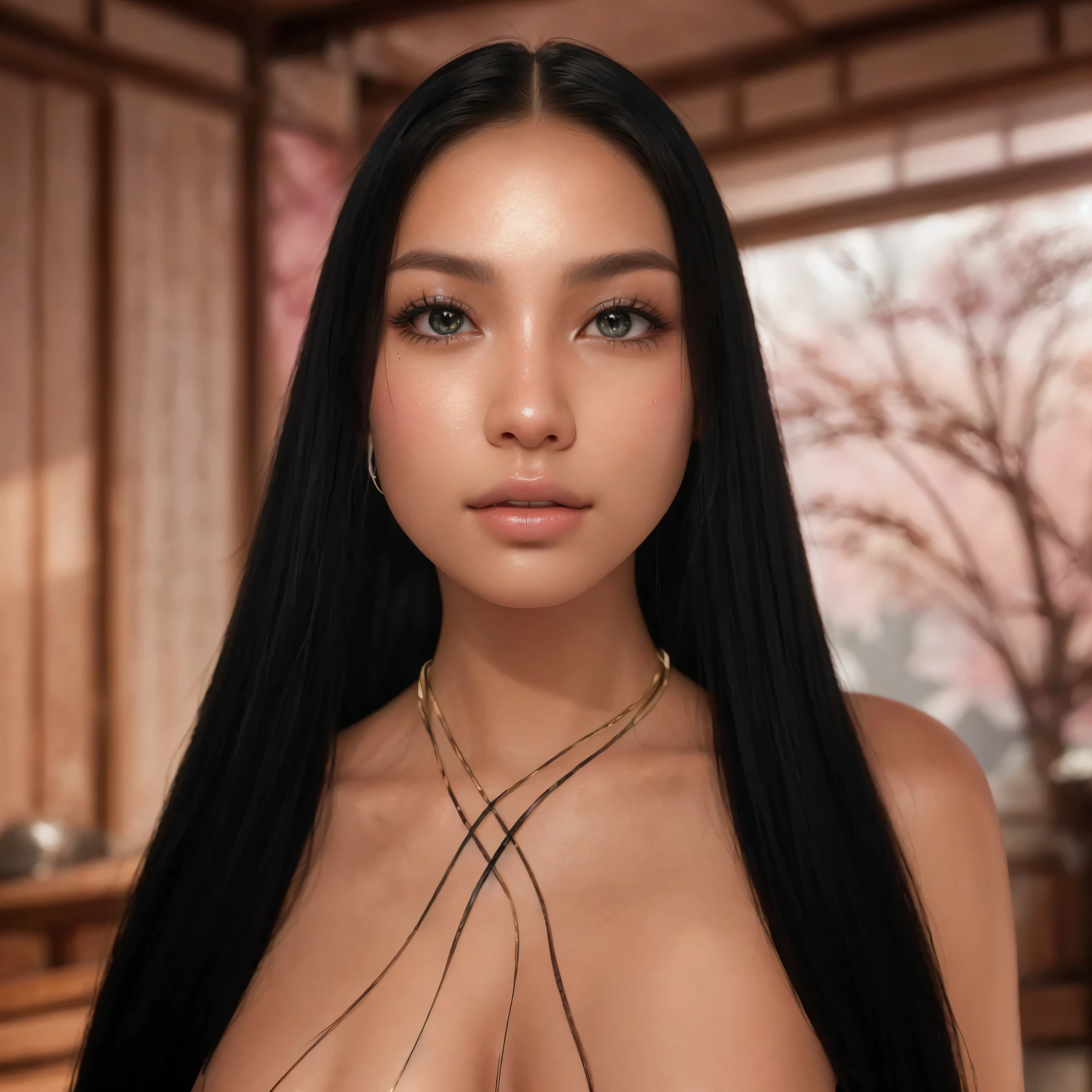 a close up of a woman with a very big breast posing for a picture, star trek asian woman, revealing clothes, she has black hair with bangs, side boob, wears a egyptian ankh necklace, black hime cut hair, sie boob, sultry smirk, revealing, revealing outfit, cleavage, her black hair is a long curly, asian female, nipple