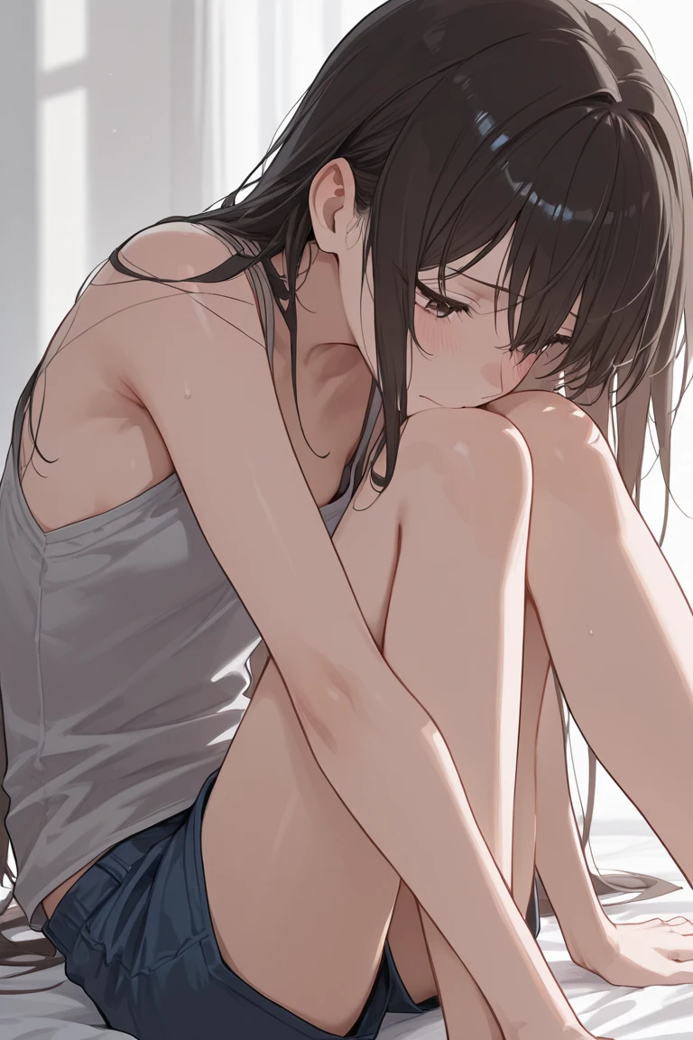Naked girl who masturbates with her hands sitting on the toilet in her bathroom while moaning and cumming with pleasure