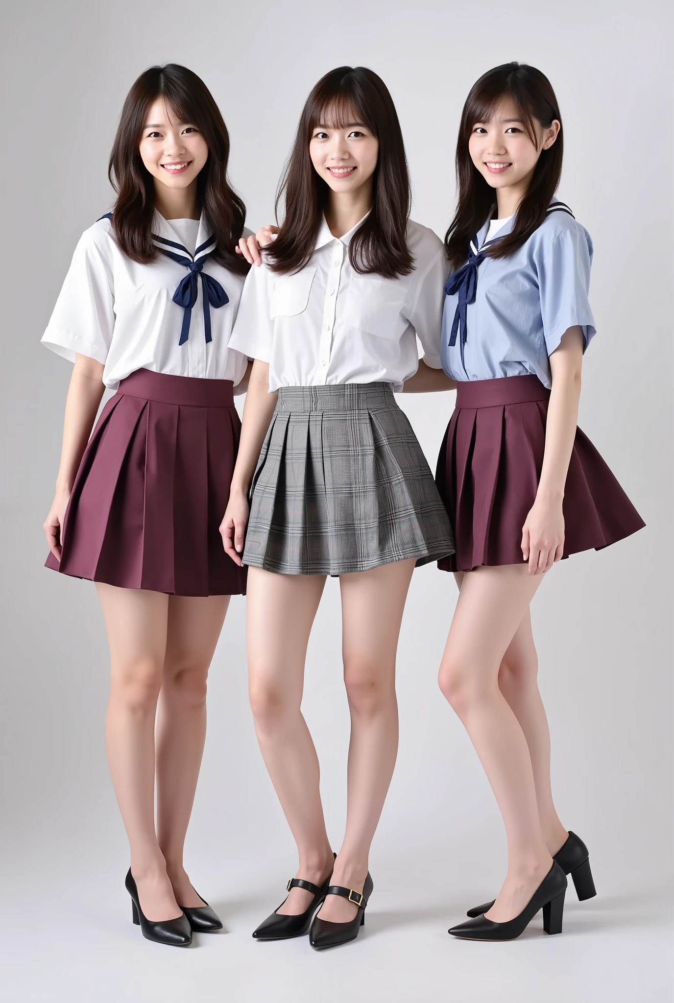 Create a realistic portrait photograph of a beautiful Japanese idol group featuring three women. They should have slim bodies, small busts, and slender legs, dressed in Nogizaka-style uniforms. Capture them in poses with smiles, showcasing a full-body shot. The background should be simple to keep the focus on the idols.