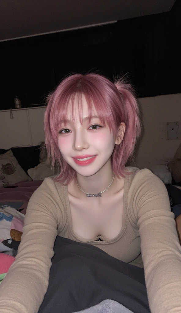 Haruno sakura, ((alone)), alone, E cup breasts,White blouse, ((Show your forehead)), smile,Are standing, Taking a selfie of myself in the mirror, Pink Hair, short hair, delicate, young, short hair, Detailed face, High resolution, ((whole body)), Bedroom, whole body, she is a beautiful , High quality face, beautiful, Shine,(masterpiece:1.3), High resolution, Very detailed, Very detailedな,Unity 8k wallpaper, Realistic, photo-Realistic, RAW Photos, Beautifully detailed face, Pale skin, Realistic glistening skin, 