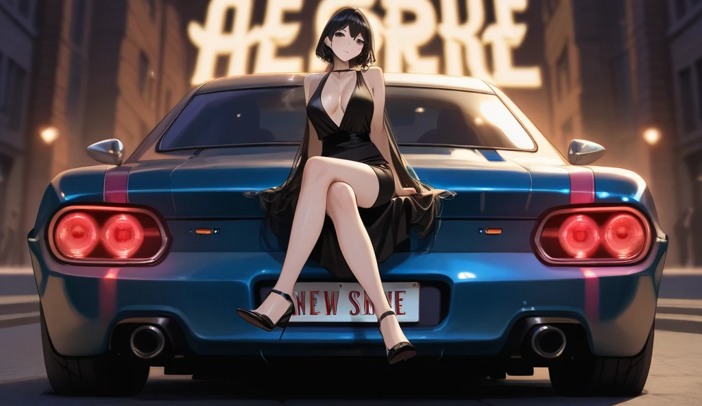 Giantess, crush, butt crush, crushing car, huge giantess, sitting on car, crushing car with butt, tall girl, flattened car, black lingerie, destruction, butt facing viewer