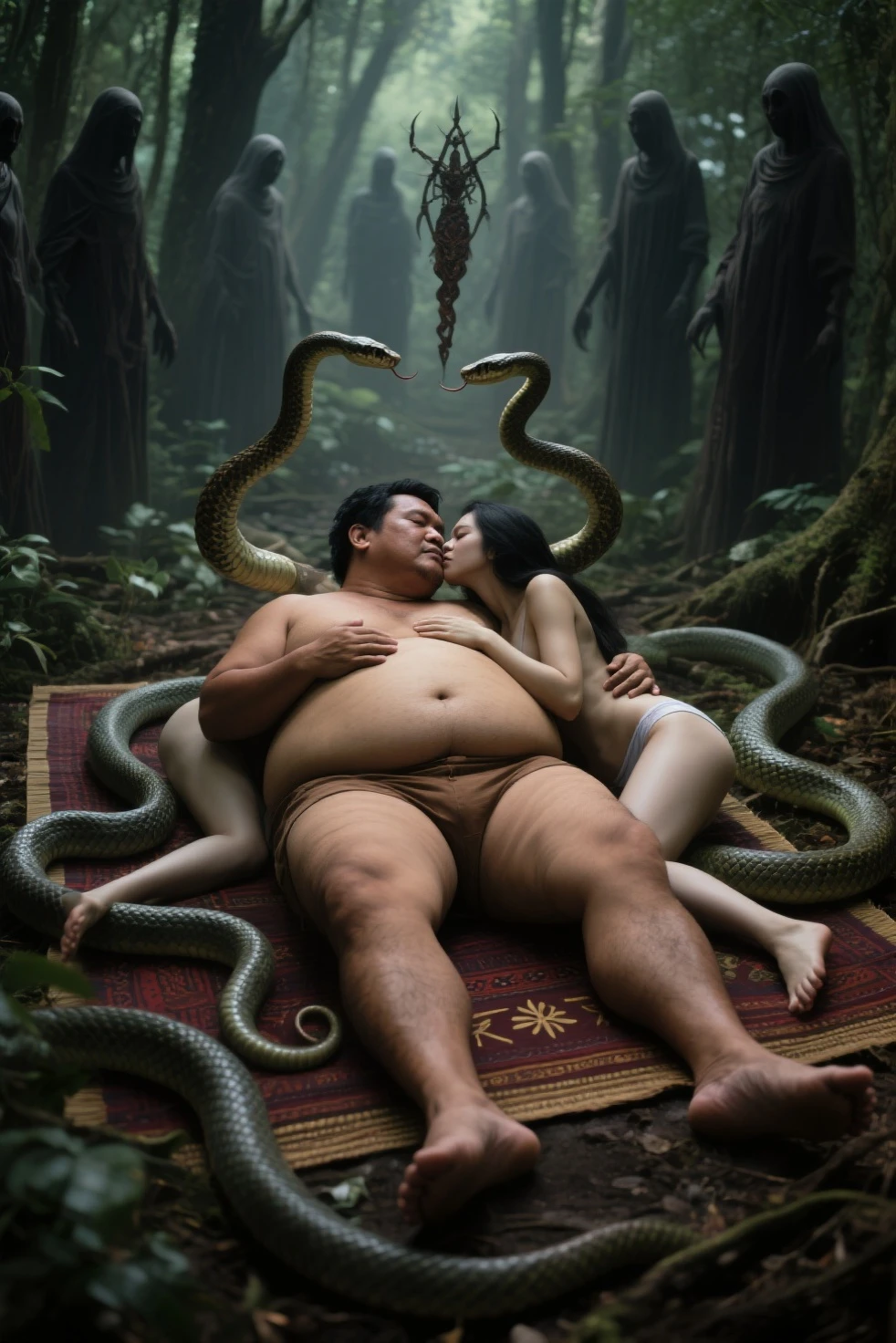 Pregnant Topless pink thong wearing aroused horny beautiful happy young Indian teen girl vs Giant black anaconda monster wrapped around her body squeezing her in coiled embrace cuddling and kissing sexual erotic bestiality sex realistic in the rainforest full body, best quality wet