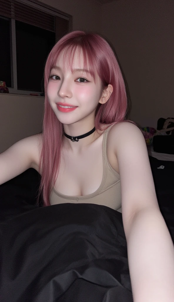 ((Realistic lighting, top quality, 8K, Masterpiece: 1.3)), clear focus: 1.2, sexy Japanese fashion model, perfect body beauty: 1.4, slim abs: 1.1, ((pink hair, long straight hair, earrings , necklace, 1.3)), (wearing a black silk robe, in the big bedroom, makeup vanity, night time, dark, sexy pose, ultra-fine face, narrow eyes, double eyelids, seducing with sexual expressions, 20 year old Japan, big ass, huge, emphasis on breasts, smile , laying next to the wall, hourglass body, , full body shot