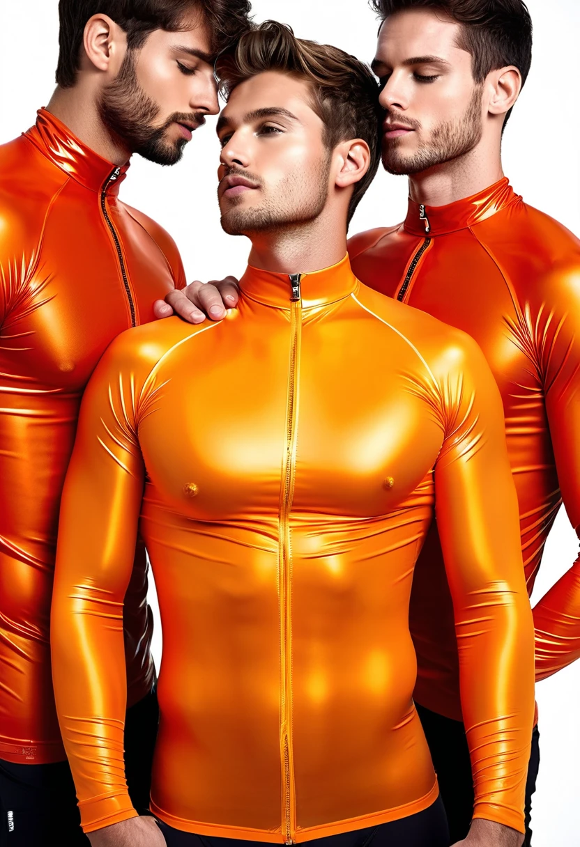 white backdrop,Young man in see through orange one-piece translucent tights,Tight translucent orange tights, Translucent one-piece tights, Wear a tight, Orange skin, Translucent body, Tight suit, high leotard, full - length view, open v chest clothes, with whole body visible, neon orange, Orange glow , sexy. nsfw , eroticism , puffy nipples , big bulge