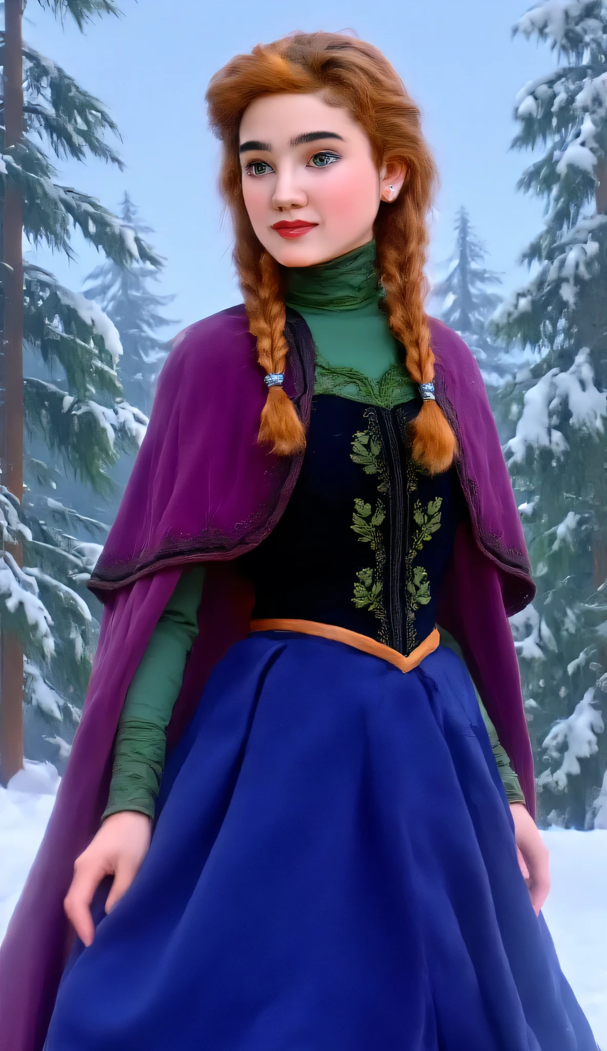 "Full-body portrait of Jennifer Connelly as Anna from Disney's Frozen, wearing a realistic version of Anna’s winter outfit — embroidered deep blue skirt, black bodice with green floral detailing, magenta cape with silver clasp, and auburn hair styled in two braids. She is standing in a snow-covered Nordic landscape with tall pine trees, soft falling snow, and the castle of Arendelle faintly visible in the distance. The background is inspired by the Frozen animation but with realistic textures and lighting, a soft cinematic tone, fairytale atmosphere with natural light, highly detailed and expressive face with warmth and courage."