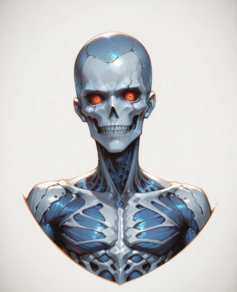 silver surfer with a skullface, blue tones, retro style art