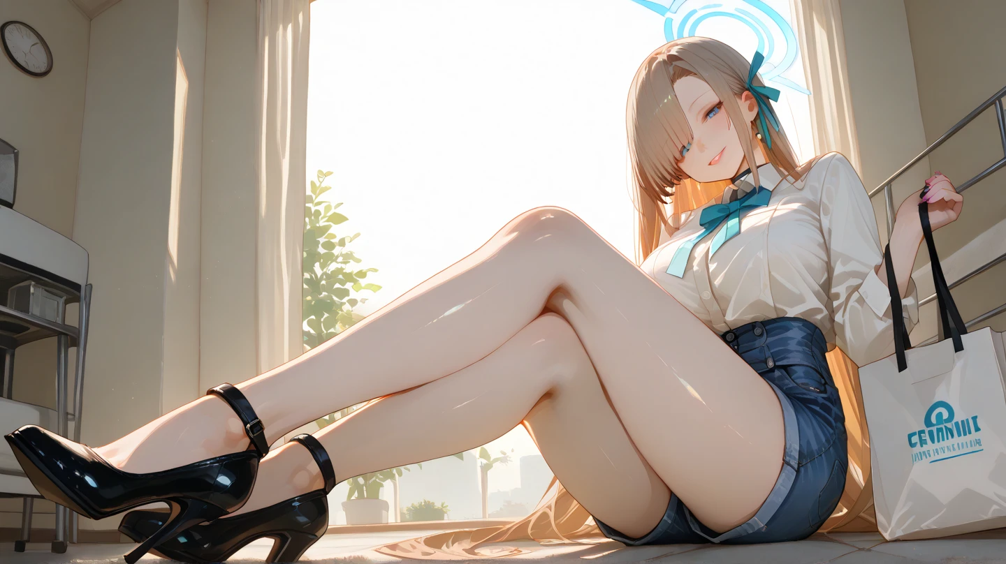 1girl, (masterpiece:1.1), (best quality:1.1), (white blouse:1.1), BREAK [blue:pink:0.5] theme, cowboy shot, full body, sideways view, looking at the audience, break pink hair, long hair, delicate facial features, blue eyes, white flowers, white top, denim miniskirt, white sneakers, lying on your side, beach, selling cute