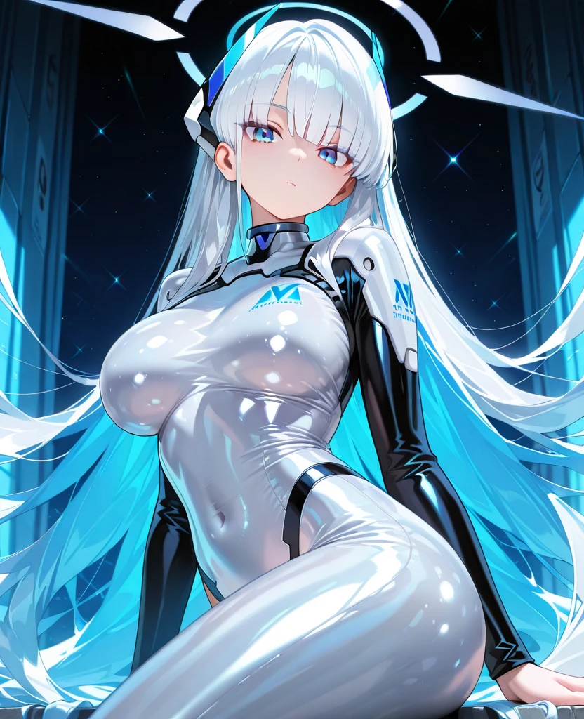 girl, With big breasts, with white spy suit, long white hair, blue eyes, futurist.