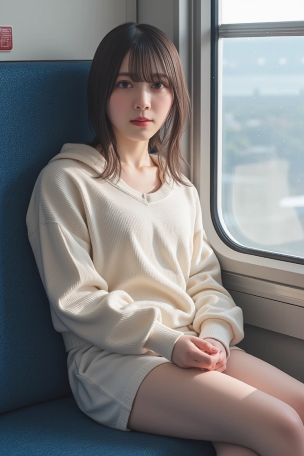 highest quality, soft light, ultra high resolution, (realistic:1.4), Raw photo, 1 Japanese girl, alone, flat chest, down blouse, small breasts, sensual, detailed bra,overlap princess dress, (small box),(High resolution details of human skin texture), short hair,necklace,View from top left,Inside the train, sit on a chair and read a book