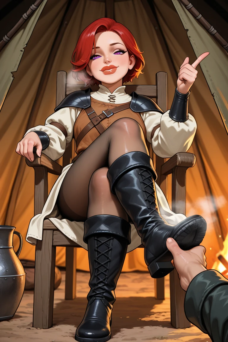 Full body sketch in a pose of Latin woman Kari Arryn, perfectly shaded body, 21 years old, short brown hair, laugh, blue eyes, long eyelashes, perfectly outlined eyebrows, leather jacket and warrior mail, legs covered in armor, nails long, brown hands, burnished skin, inside view, big open mouth, beauty, red lips, white background, clean, detailed, realistic and perfect proportions from a SFW digital art illustrator.