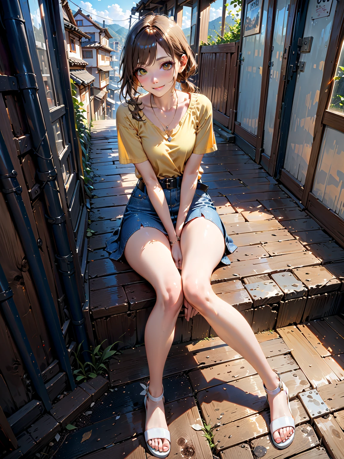 solo、full-body portraits、sleeveless、sitting down、White-colored skin，Large Breasts,