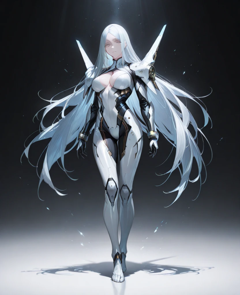 Female robot with white hair, black stockings, full body, single ponytail, high heels, mechanical body, traveled to the world of cultivating immortals and became a god