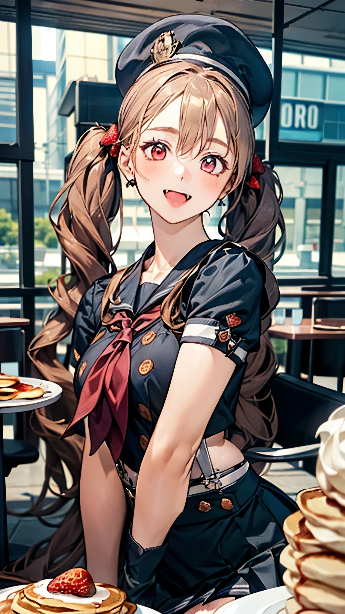 (masterpiece:1.3, top-quality, ultra high res, ultra detailed), (realistic, photorealistic:1.4), beautiful illustration, perfect lighting, natural lighting, colorful, depth of fields, 2025s, ,
beautiful detailed hair, beautiful detailed face, beautiful detailed eyes, (perfect hands, five fingers, perfect anatomy, anatomically correct, super detailed skin), pink skin, shiny skin,
looking at viewer, (face focus, upper body), 1 girl, miranda, high school girl, cute and symmetrical face, perfect face, perfect eyes, perfect body, babyface, cute face:1.2, tiny, curvy,
(very long hair, twin tails, sidelocks, (beige) hair), hair between eyes, maroon eyes, big eyes, fang, long eye lasher, (large breasts, narrow west, seductive thighs, camel toe, large ass), glamorous, skin dentation,
(detailed cloth texture), (black hat, black short sleeve sera fuku, midriff:1.2, suspenders, red neckerchief, black pleated miniskirt, black thigh-highs),
(beautiful scenery), spring/(seasons/), evening, detailed background, (restaurant:1.5, black tea, Strawberries and whipped cream on pancakes:1.5), sitting chair, eating, (cute smile, open mouth),