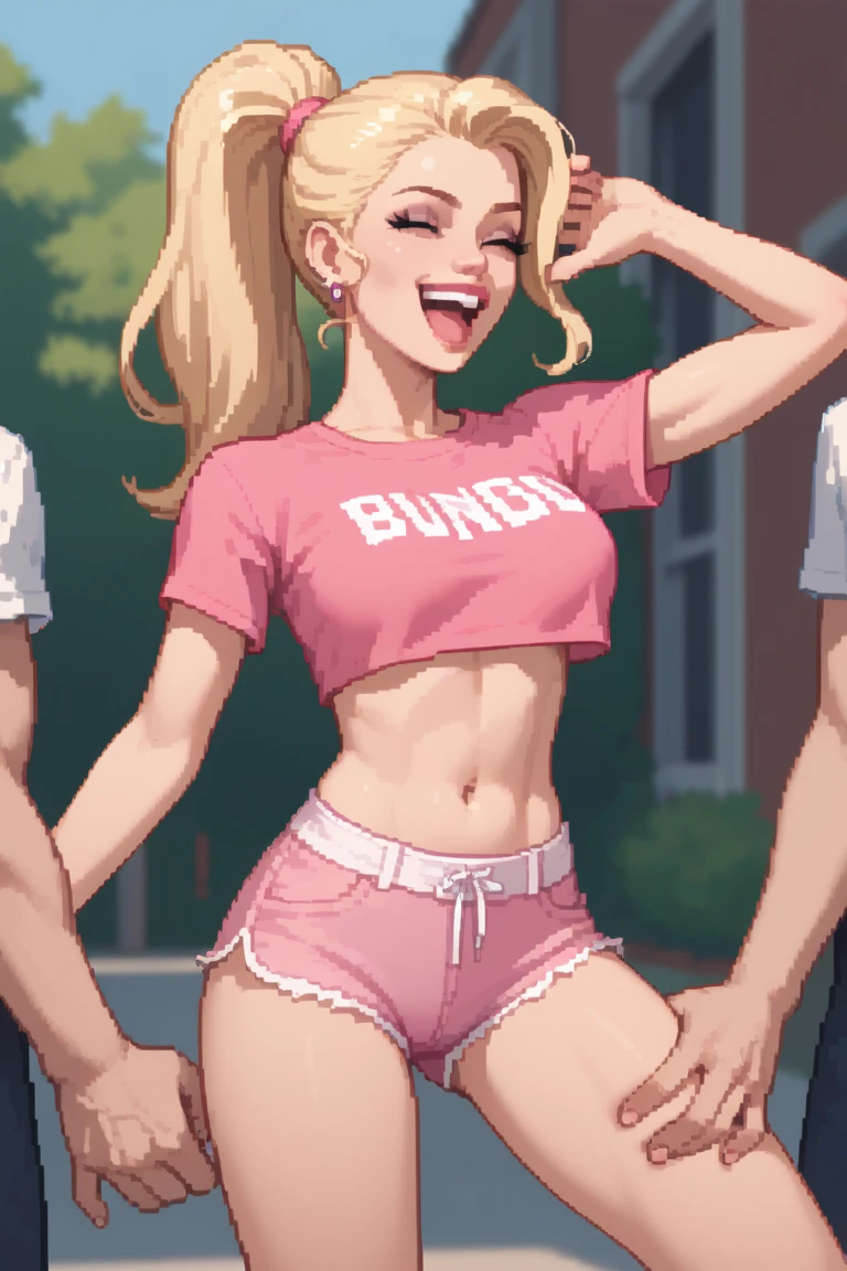 1girl, sexy horny 11yearold blonde slut is wearing slutty shorts and a crop_top and is sitting on a bench next to a man, they are having sex. 1man, man wearing mickey_mouse costume