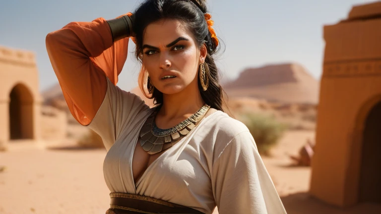 Freya, arm tattoos, retrato, vestir, seios perfeitos, Premiado, parado no deserto, at night, (8K, Foto CRU, melhor qualidade, parte mestre:1.2),ultra-detalhado, (pele altamente detalhada:1.2), 8K UHD, DSLR, soft lighting, alta qualidade,