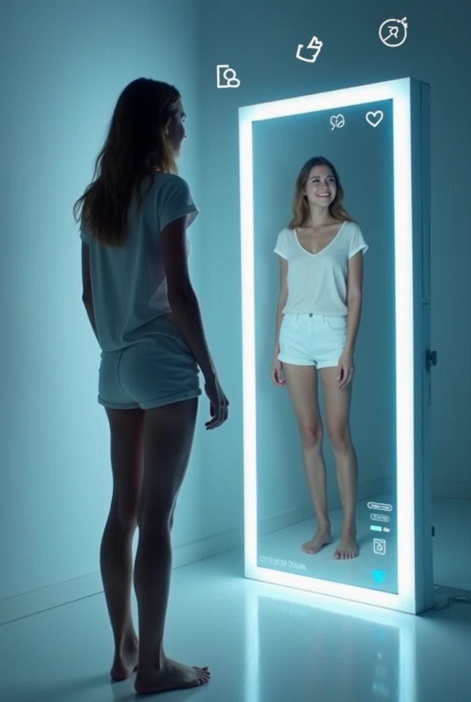 A before and after photo sequence:
**Image 1 (Left Panel - Before):** On the left side, a man in his late 20s with short, dark hair, wearing casual clothing (jeans and a plain t-shirt), stands in front of a sleek, futuristic machine with a large screen displaying a transformation app. The room is softly lit with subtle blue neon lights, giving it a high-tech feel. The man looks at the screen with curiosity and anticipation as he prepares for the transformation.
**Image 2 (Right Panel - After):** On the right side, the man has been transformed into a woman. She has long, flowing hair and is dressed in a stylish, futuristic bikini. The machine glows with bright, swirling lights, having just completed the transformation. The woman looks at her reflection on the screen, which now shows her new appearance. Her expression is one of surprise and amazement as she touches her new face, exploring her transformed features.