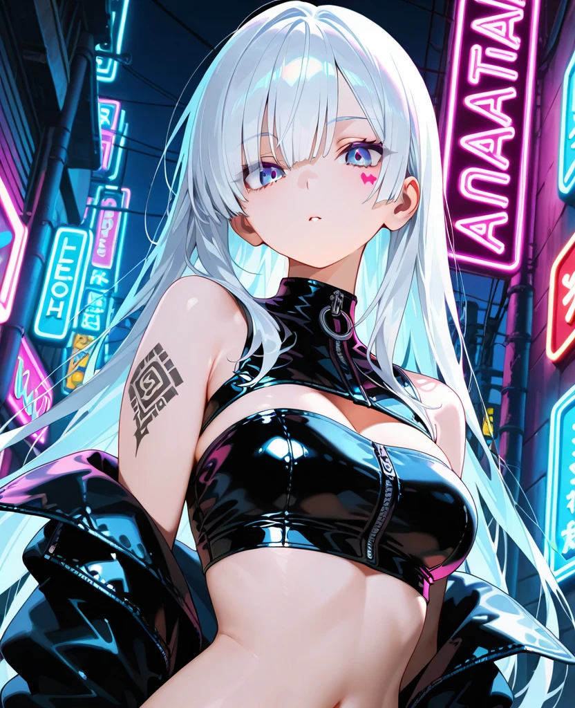 （tmasterpiece，Sideslit，Beautiful eyes：1.2），（tmasterpiece*sportrait），sportrait，bustusts），Lifelike，Anatomically correct，3D脸，luscious skin，（Solo），long Silver hair and pickaxe dyeing，Gradient hair，（closeup of face），Lovely face，Hanging eye corners，（（highdetailskin，Visible pores）），（Perfect body），Beautiful cyberpunk girl，medium breast， slight cleavage,（（Storm jacket）），（ear studs），（Neck strap），very short gloves，（chain），A knife hanging from his chest，（Laser material clothing：1.2）, expressionless