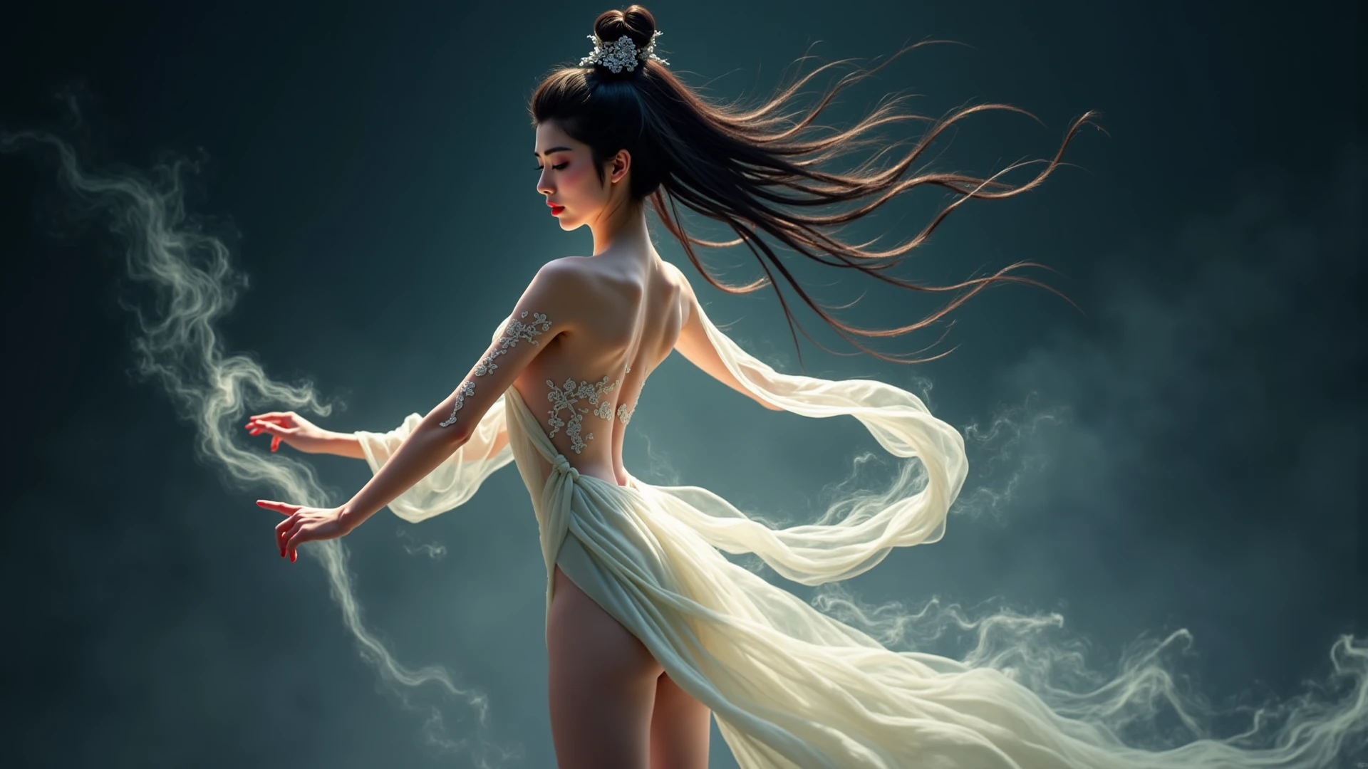 a goddess in white side , ocean waves at night, moon in the sky, abstract astrology ornaments, muted colors, muted colors, 2d flat street art in the style of adrian ghenie, esao andrews, jenny saville, edward hopper, surrealism, dark art by james jean, takato yamamoto, inkpunk minimalism, full body view