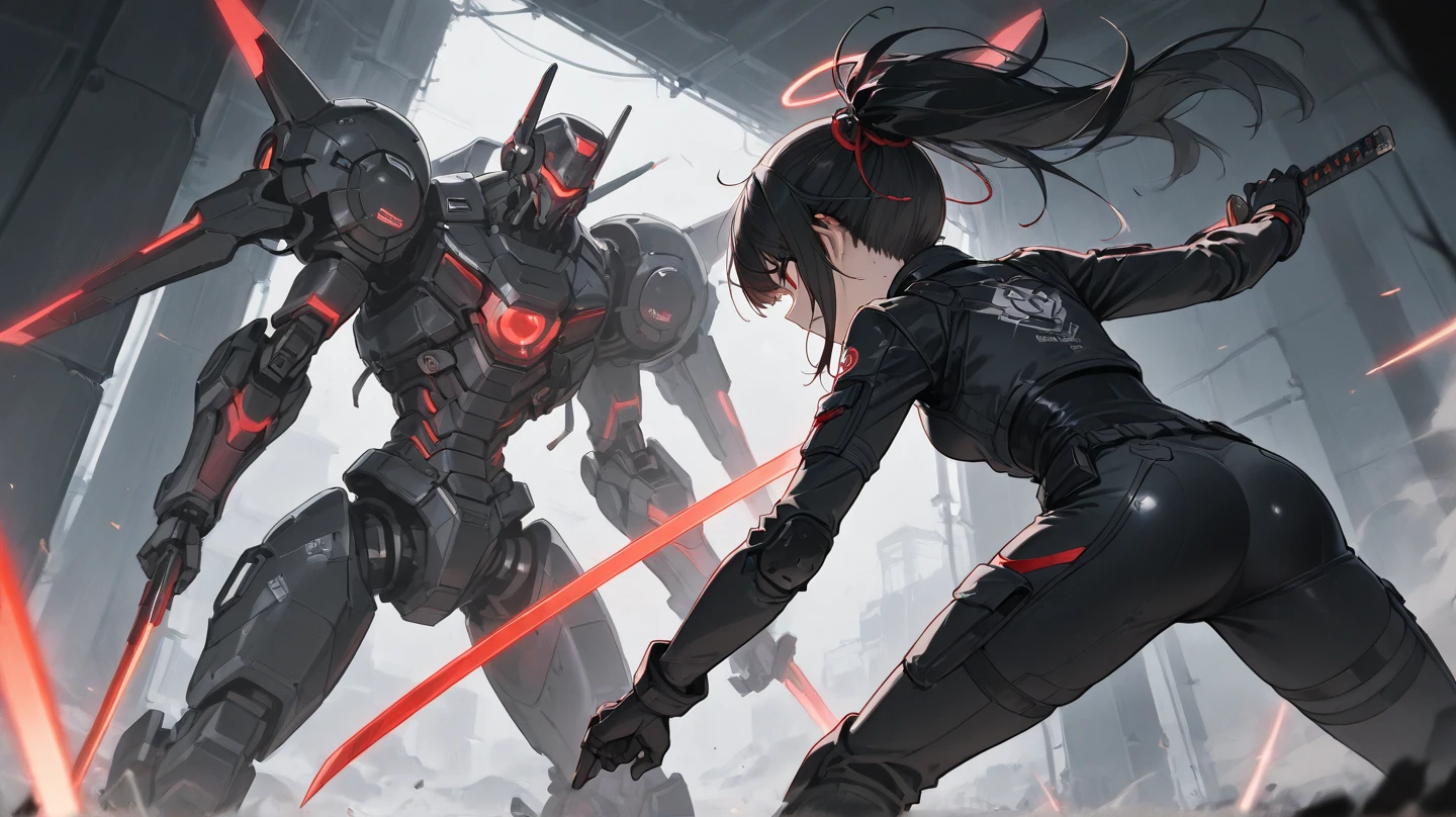 masterpiece,ultra detailed,((cyber suit)),((head guard)),((abs,muscle))、((cyber foot gear))、((jet pack)),(((chest guard)))、(detailed face),(detailed eyes),((cowboy shot))、(((cyber Axe)))、(((woman)))、((having Axe))、((background,big robot))、((glasses)),((sweat)),blush、