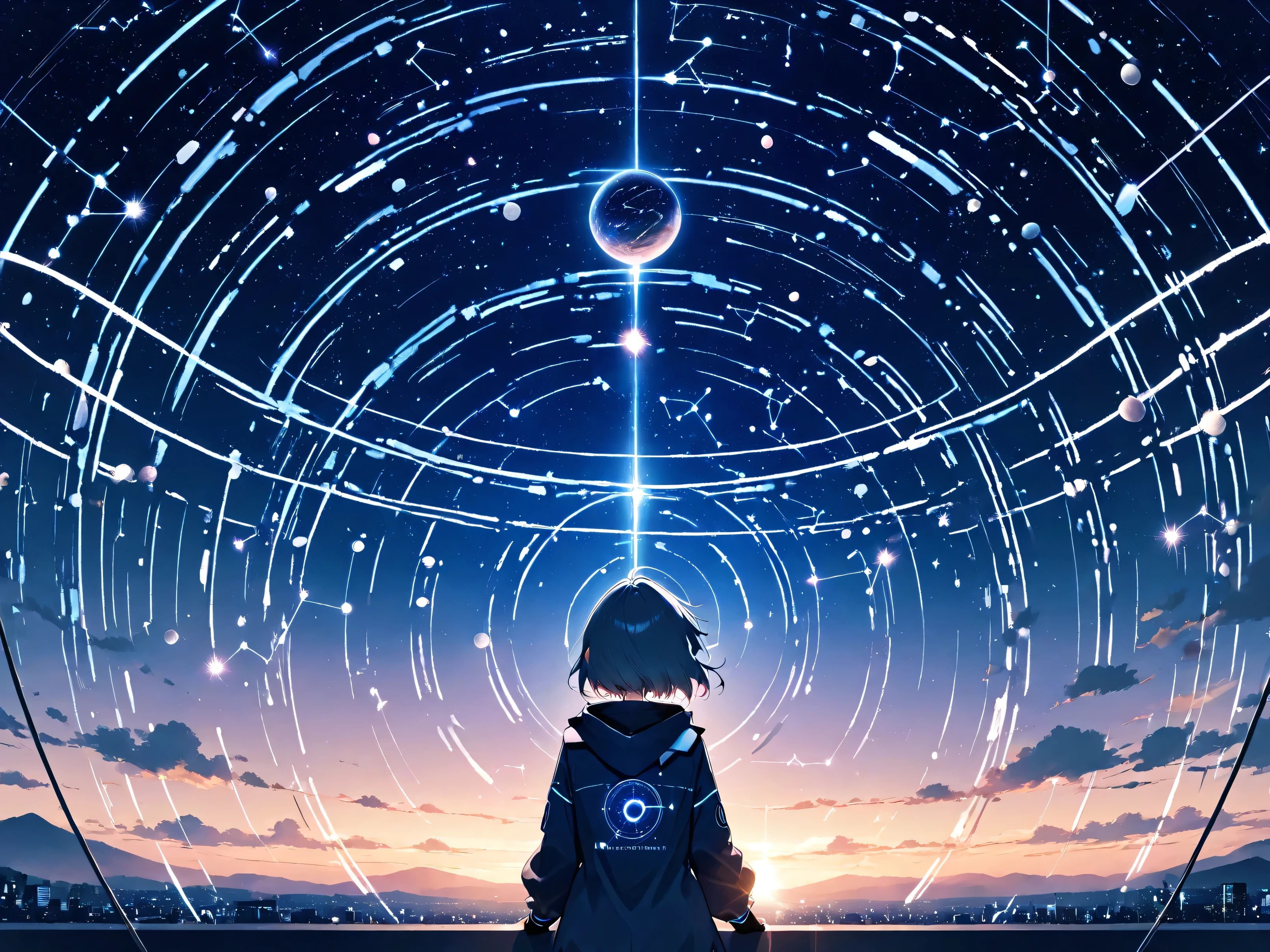 ((pastel))、 1 woman,Under the night sky,Like a planetarium,constellation, planetarium,Connect , seen from afar, moving scene