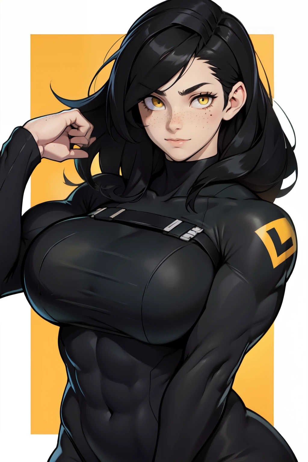 pale girl muscular girl huge breasts black hair yellow eyes expressionless sad