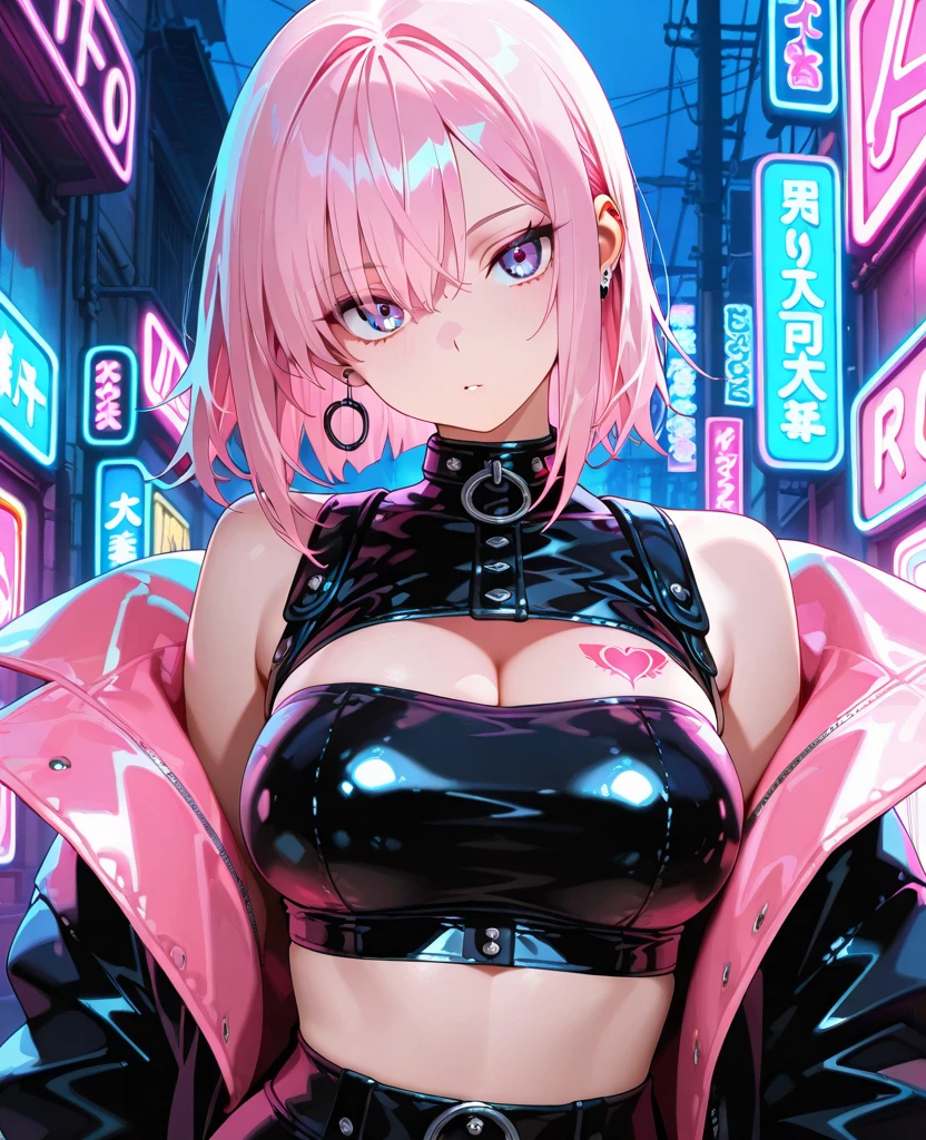 top-quality、Top image quality、masterpiece、girl with((sixteen years old、teen ager、cute little、Best Bust、big bast,Beautiful blue eyes、Breasts wide open, Pink hair、Longhaire、A slender,Large valleys、Black short skirt、nipple seal、Upper body naked、Seduction poses)),hiquality、Beautiful Art、Background with((Neon Bar、cabaret club、VIP seats)))、,masutepiece、depth of fields,Cinematic style