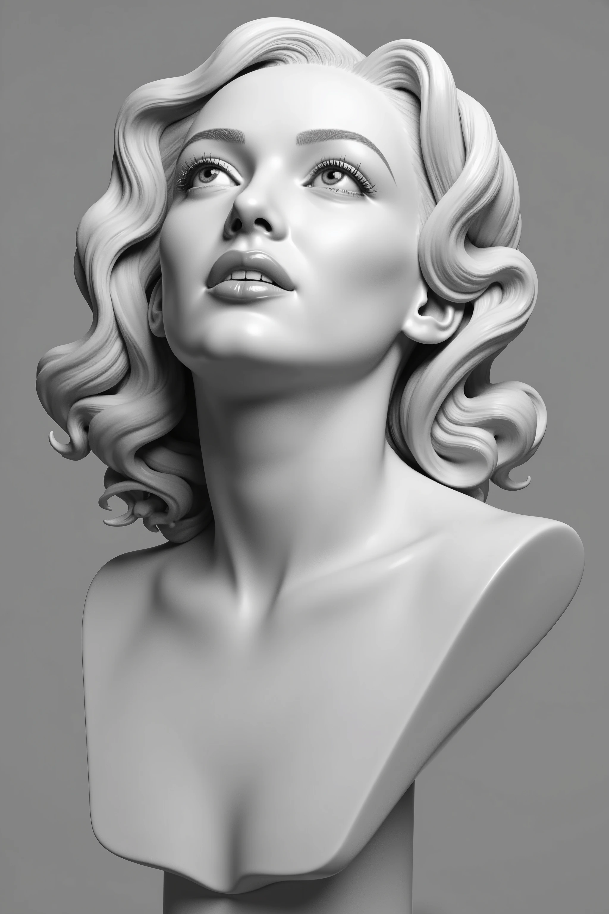 Create 3D bust that expresses all the sensuality and complexities of a woman's face into a statue made of marble with full female faces with full lips, several big beautiful endearing eyes, long eyelashes, long hair, pale skin, love, hate, lust, anger, jealousy, affection all come out in this statue's facial expressions and facial features. Abstract, experimental art, extreme attention to details, sexy, astounding, highres, Ultra-realistic,photo-realistic, ultra-detailed 4k,8k, highres, startling, avant-garde, unique, innovative, striking, captivating, iconic style, surreal elements, unsettling atmosphere, masterpiece.