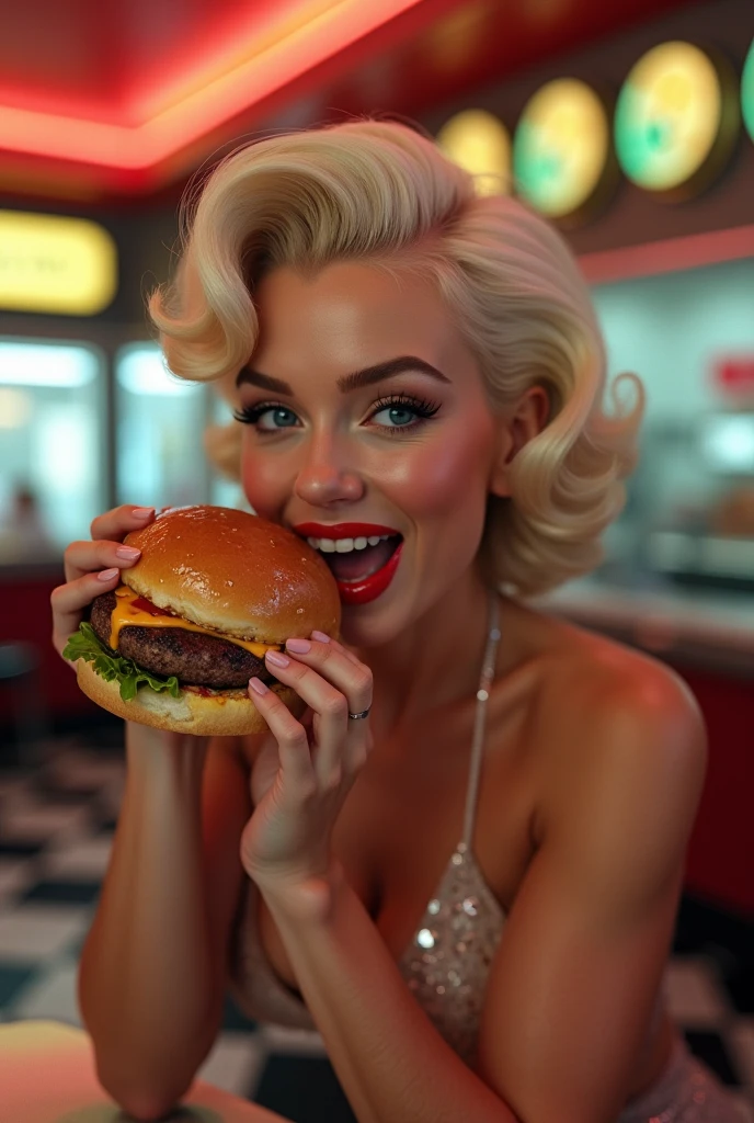 marilyn monore eating hamburger sitting down