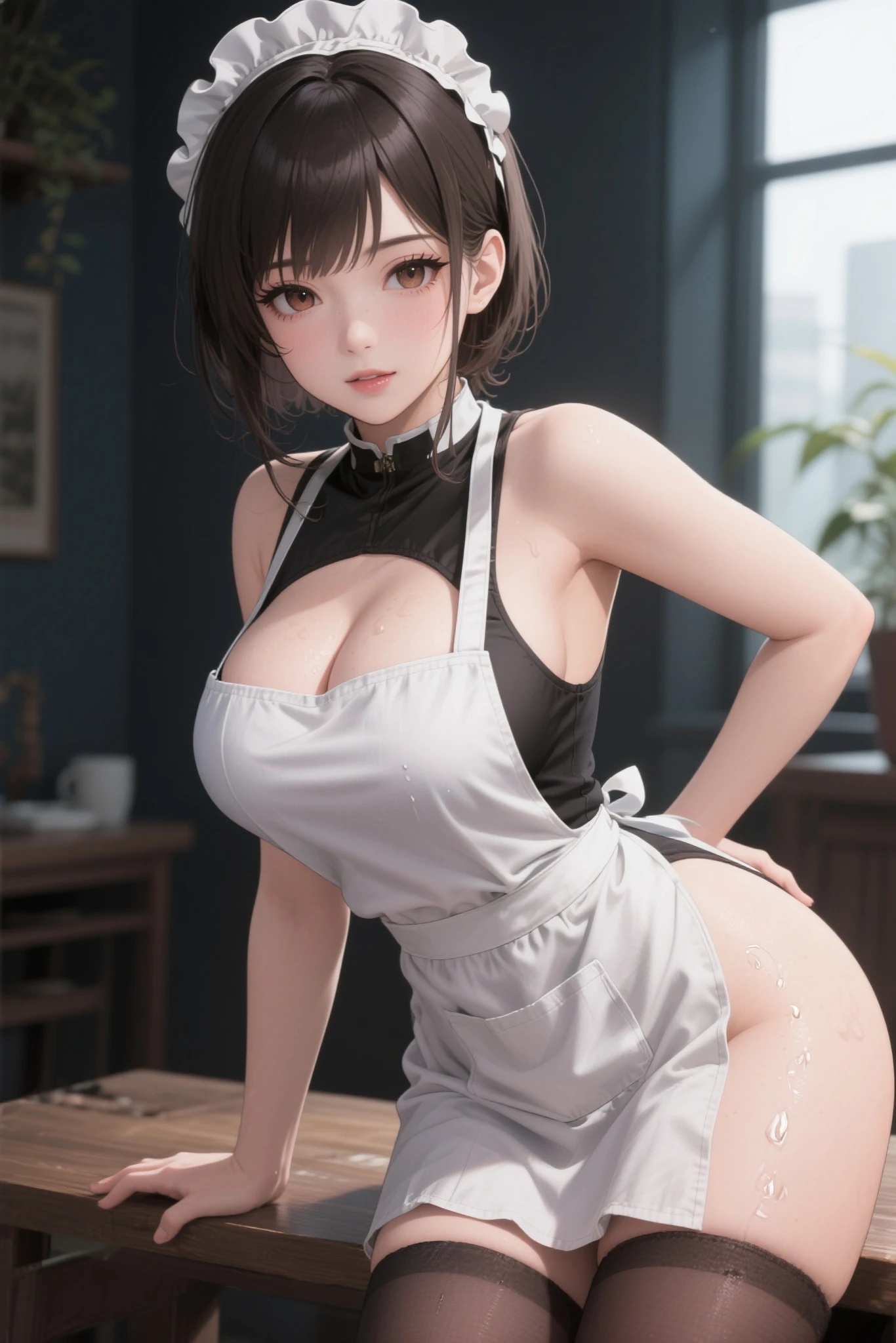 ((perfect anatomy, anatomically correct, super dense skin)), 1 girl, Japanese, 16 years old, (Fine-grained super oily shiny skin:1.1), Take in the scenery, (smile:1.2),
beautiful hair, beautiful face, detailed and beautiful eyes, (short hair:1.4, half up hair:1.5), dull bangs, baby face,
beautiful clavicle, beautiful body, beautiful breasts, (big breasts:0.8), beautiful thighs, beautiful feet,
(((naked:1.2), apron)),
(beautiful scenery), Inside the kitchen, walk, Are standing,
(8K, highest quality, masterpiece:1.2, very detailed), (realistic), beautiful art, visual art, Depth of the bounds written, cinematic lighting, ,